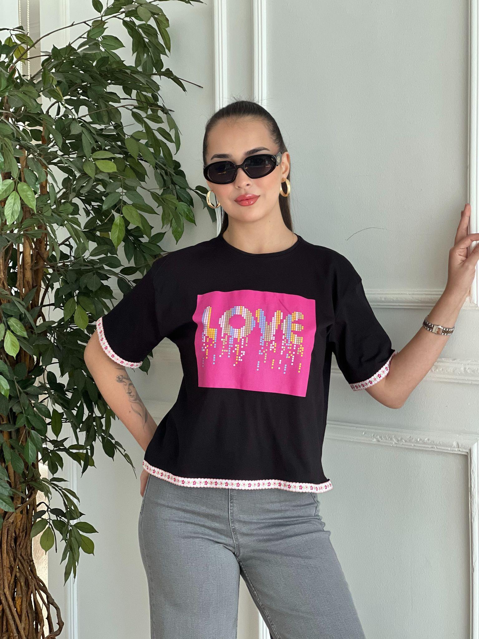 Love Baskılı Tshirt 29481 Siyah