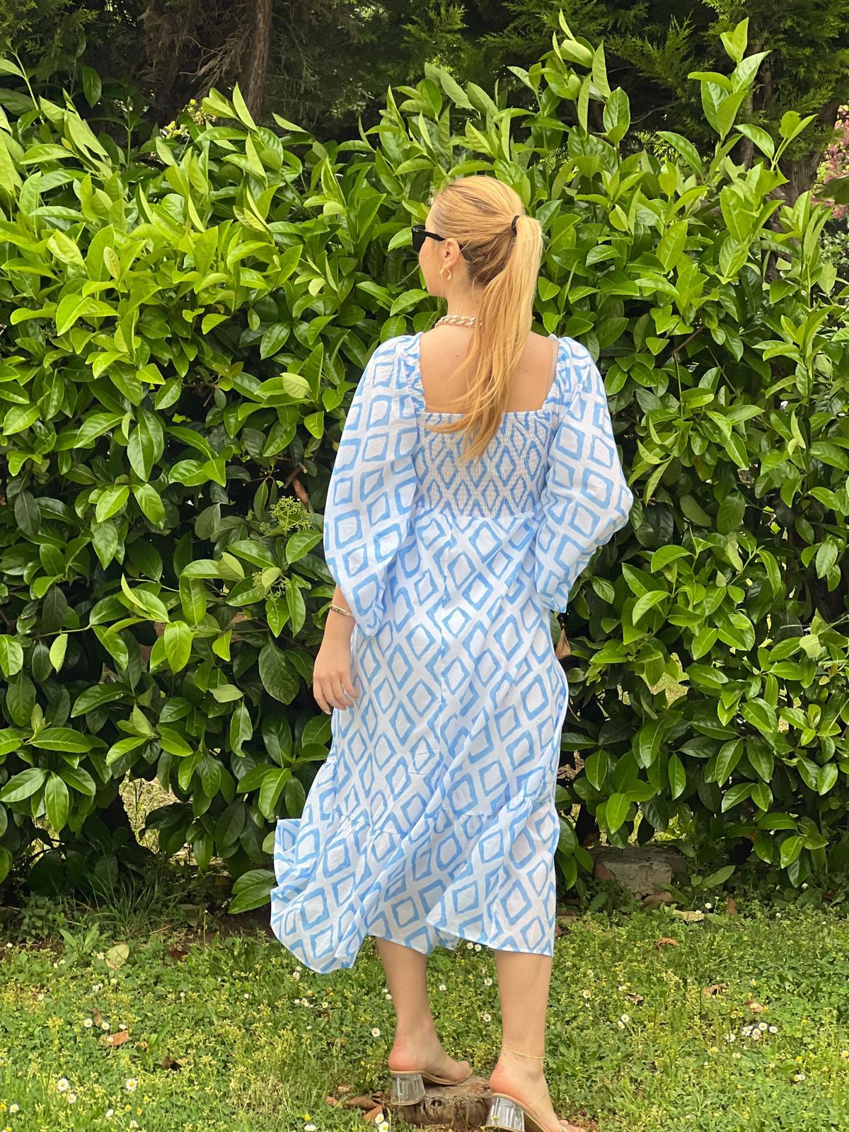 Madonna Yaka Desenli Elbise 2906 Mavi