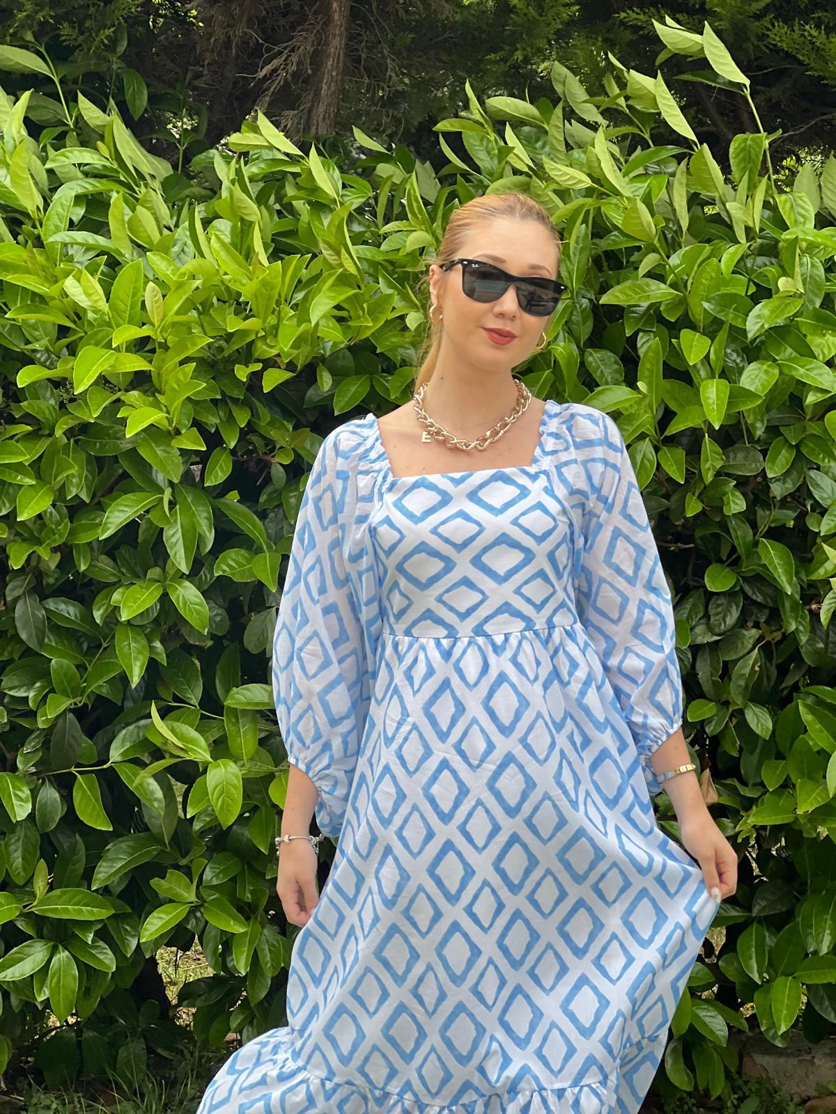 Madonna Yaka Desenli Elbise 2906 Mavi