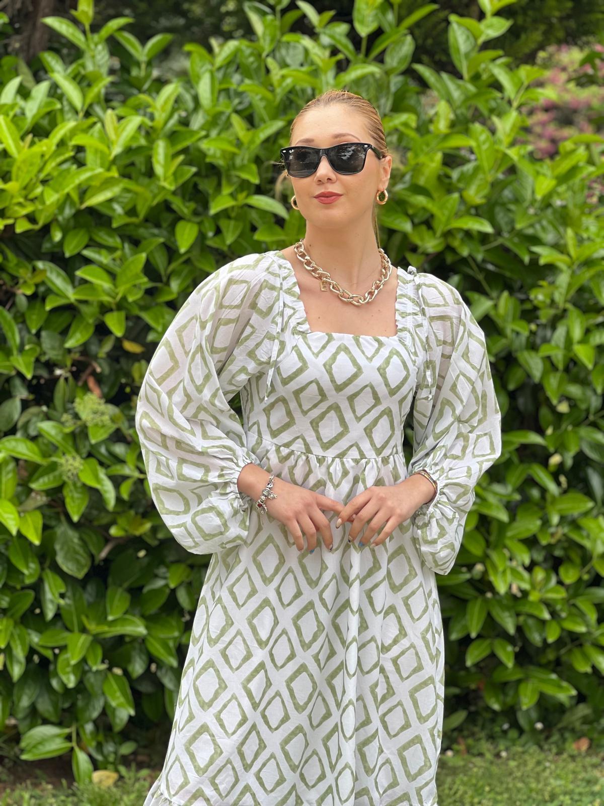 Madonna Yaka Desenli Elbise 2906 Yeşil