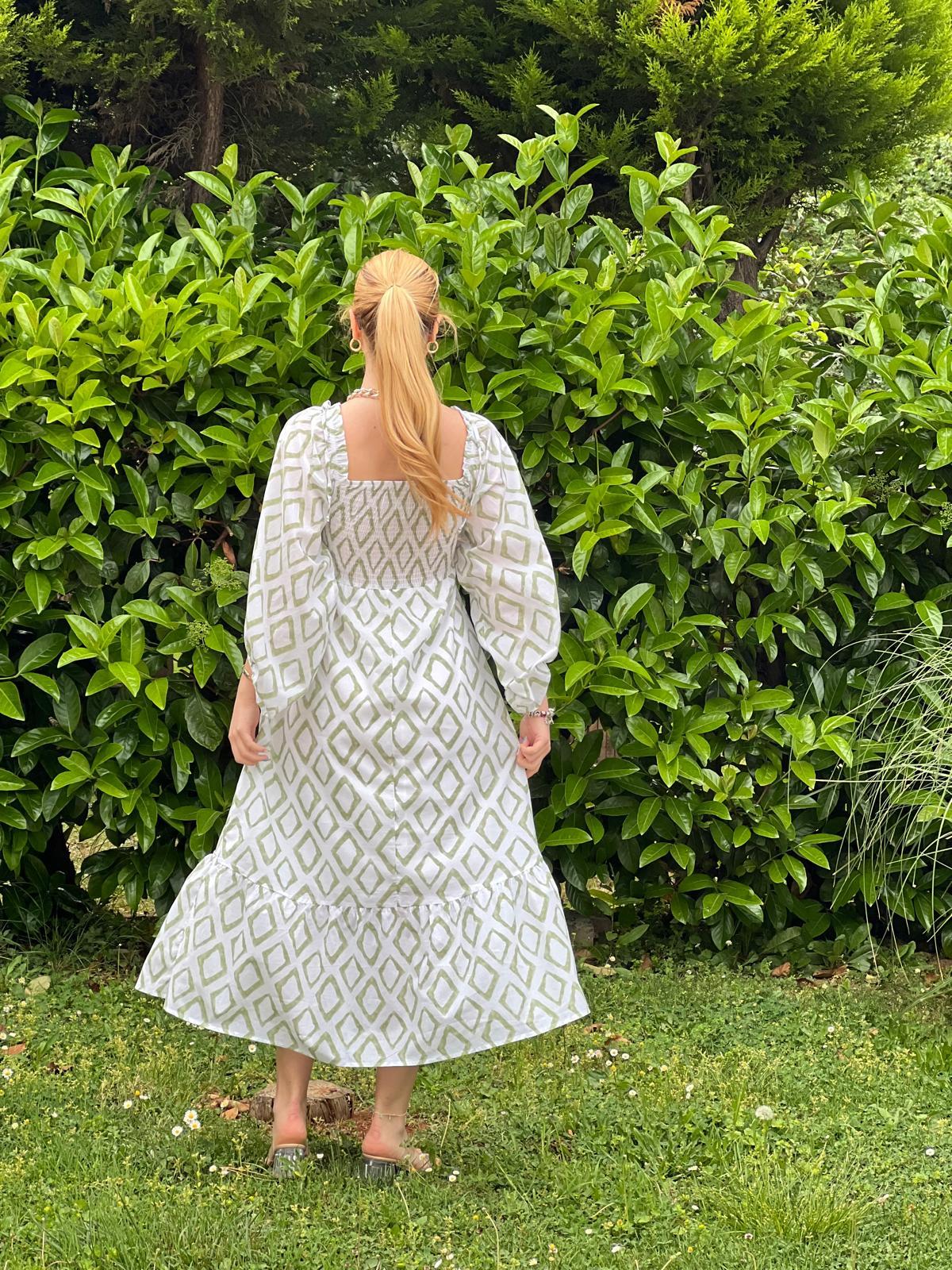 Madonna Yaka Desenli Elbise 2906 Yeşil