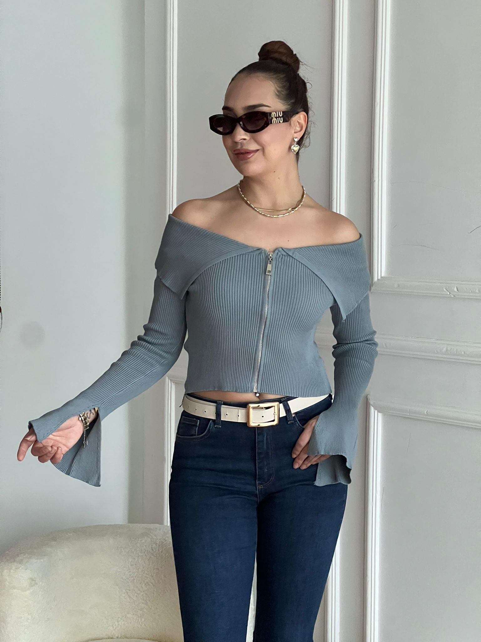 Madonna Yaka Fermuarlı Triko 4345 Gri