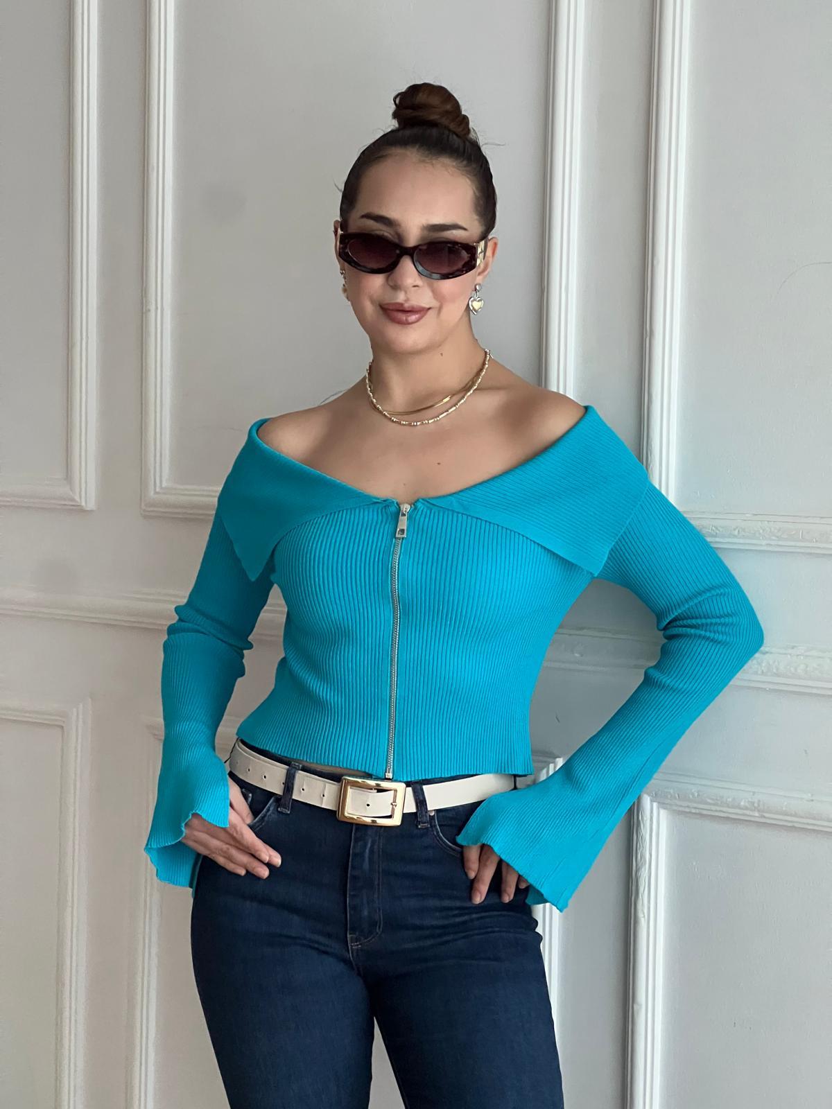 Madonna Yaka Fermuarlı Triko 4345 Turkuaz