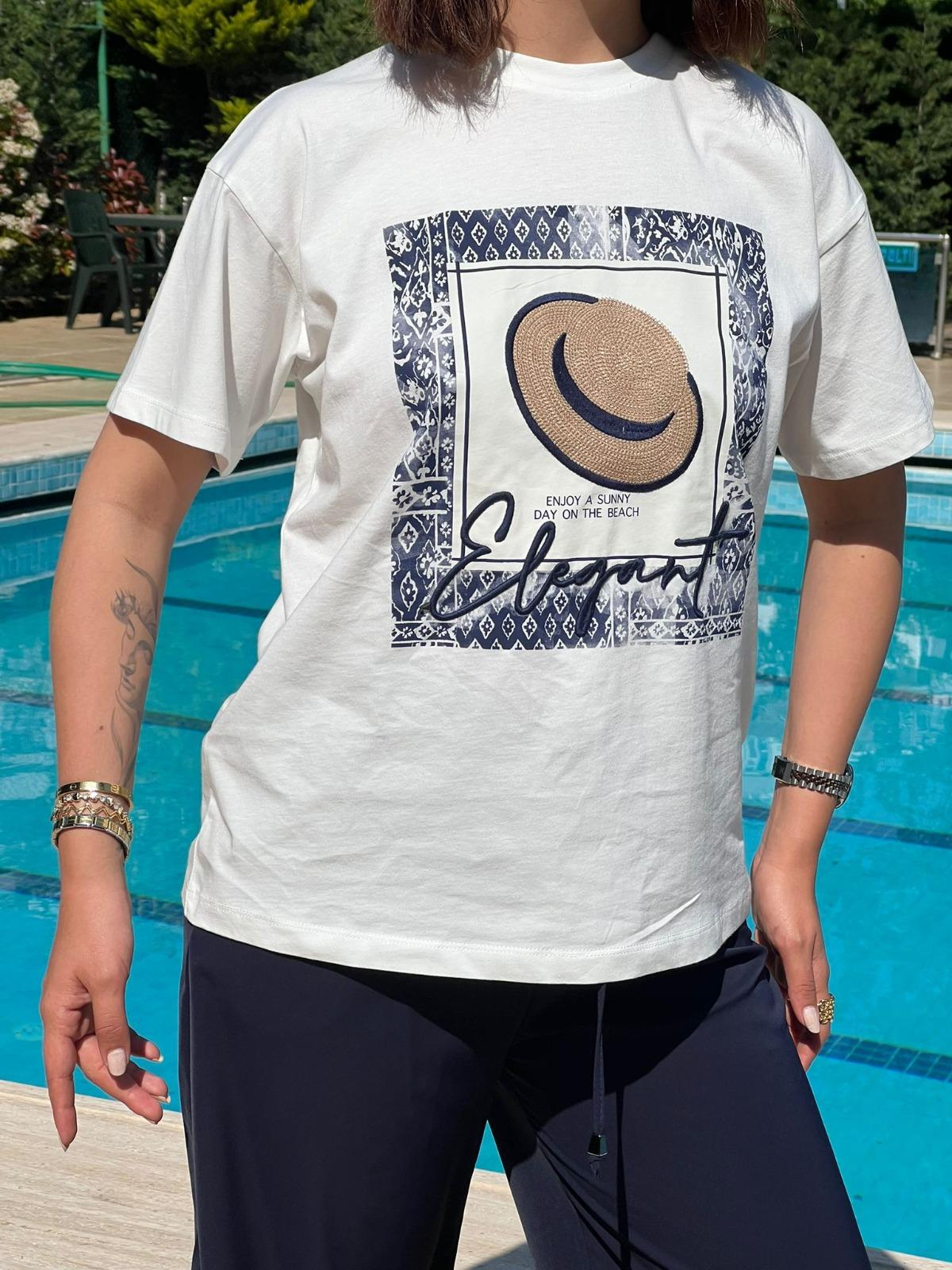 Nakış Baskılı Tshirt 02020 Ekru
