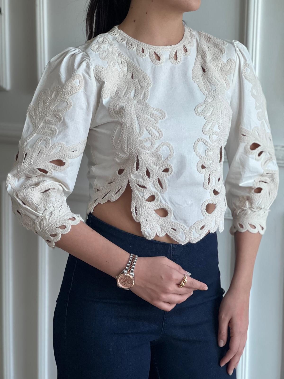 Nakışlı Kısa Bluz 5DGML025 Bej