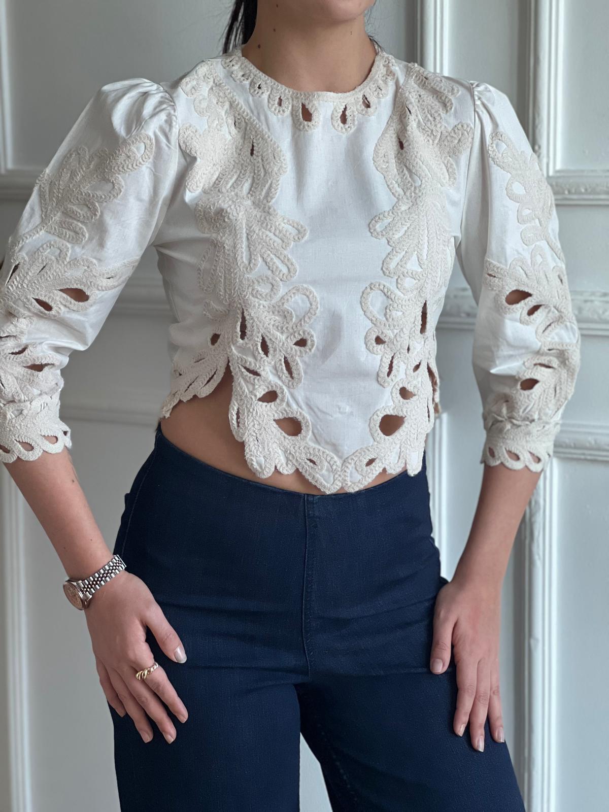 Nakışlı Kısa Bluz 5DGML025 Bej