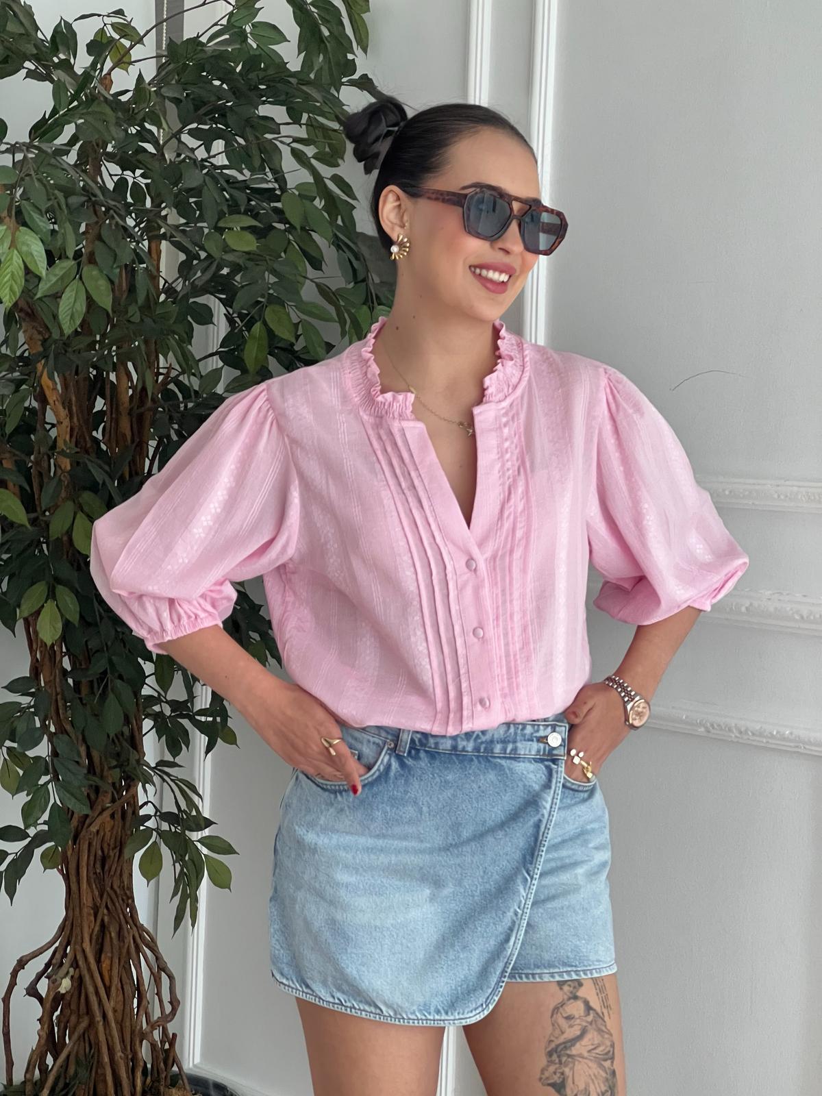 Nervür Detaylı Balon Kol Gömlek 5807 Açık Pembe