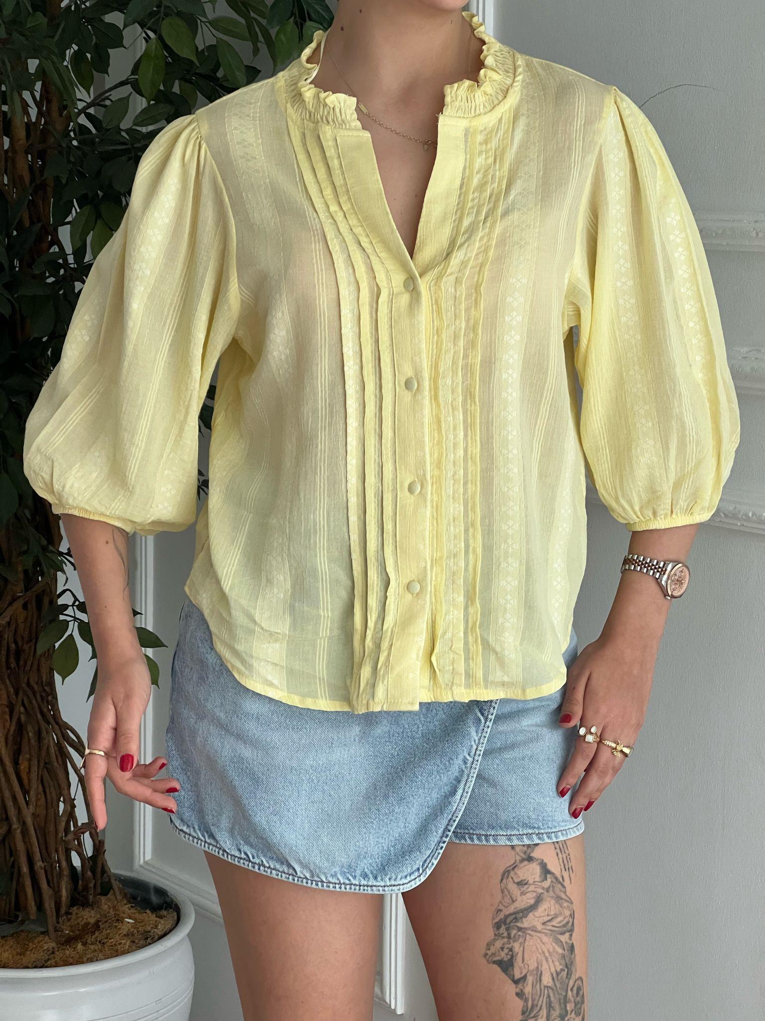 Nervür Detaylı Balon Kol Gömlek 5807 Açık Sarı