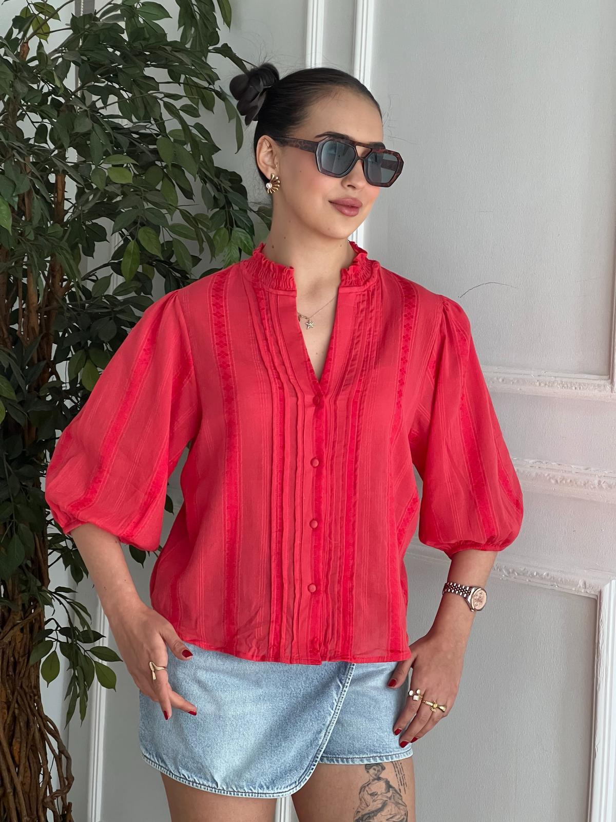 Nervür Detaylı Balon Kol Gömlek 5807 Açık Kırmızı