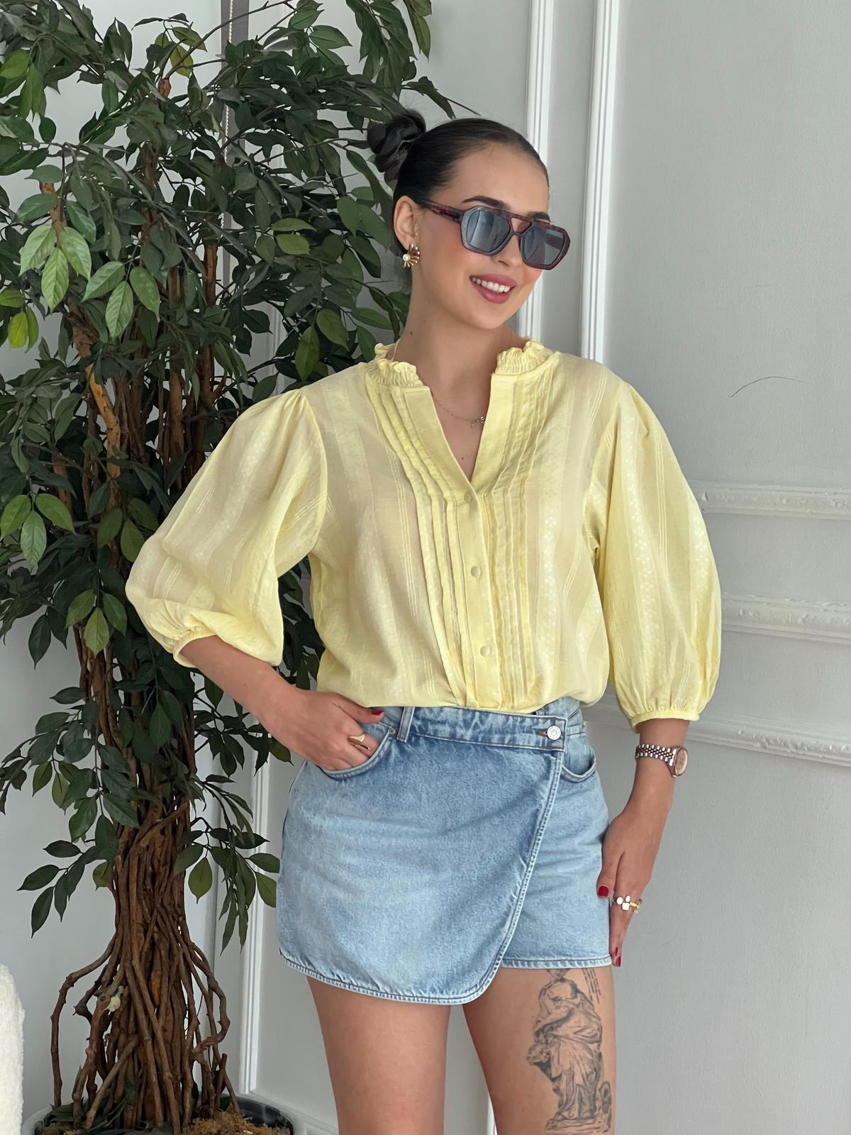 Nervür Detaylı Balon Kol Gömlek 5807 Açık Sarı