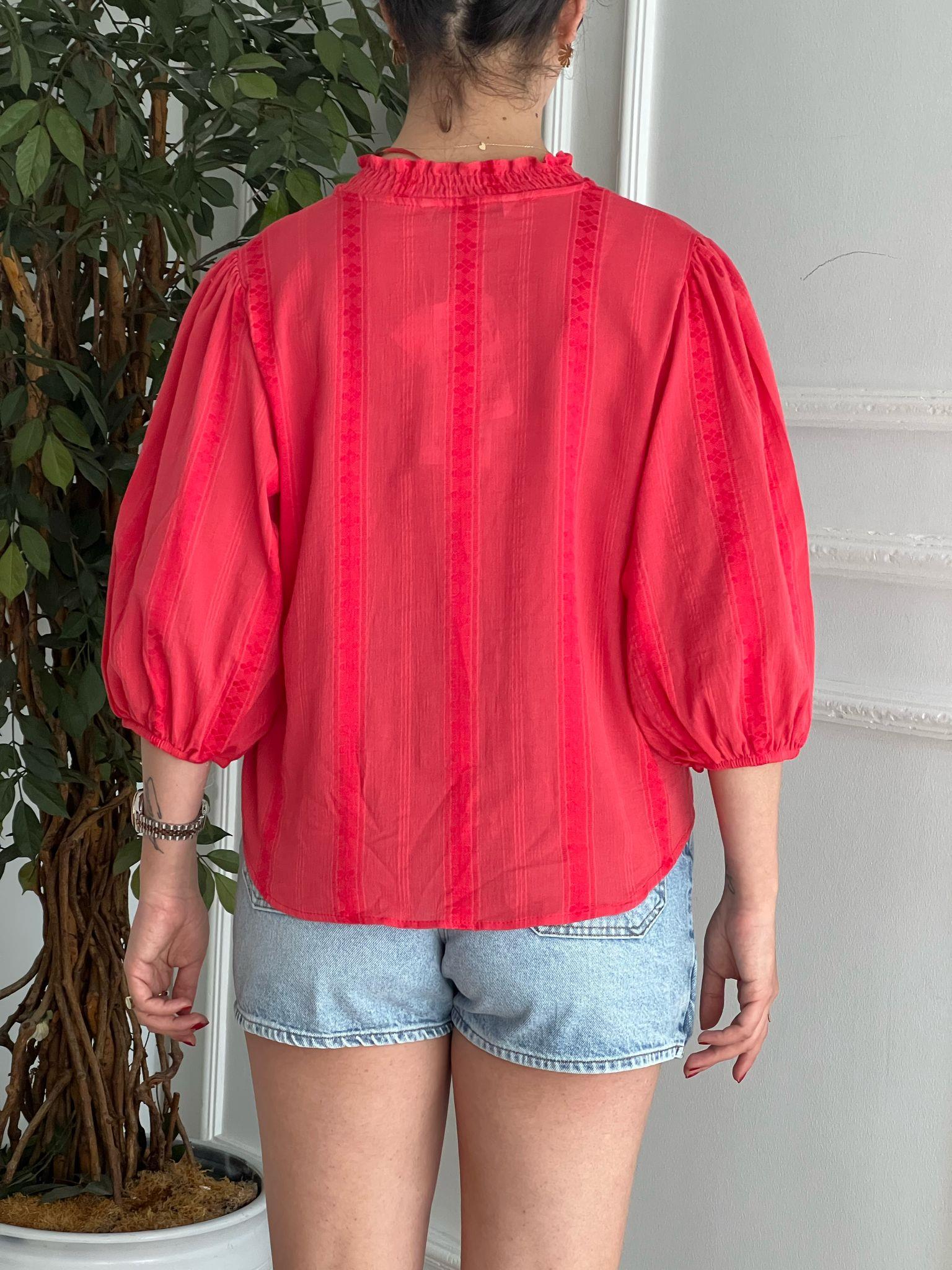 Nervür Detaylı Balon Kol Gömlek 5807 Açık Kırmızı