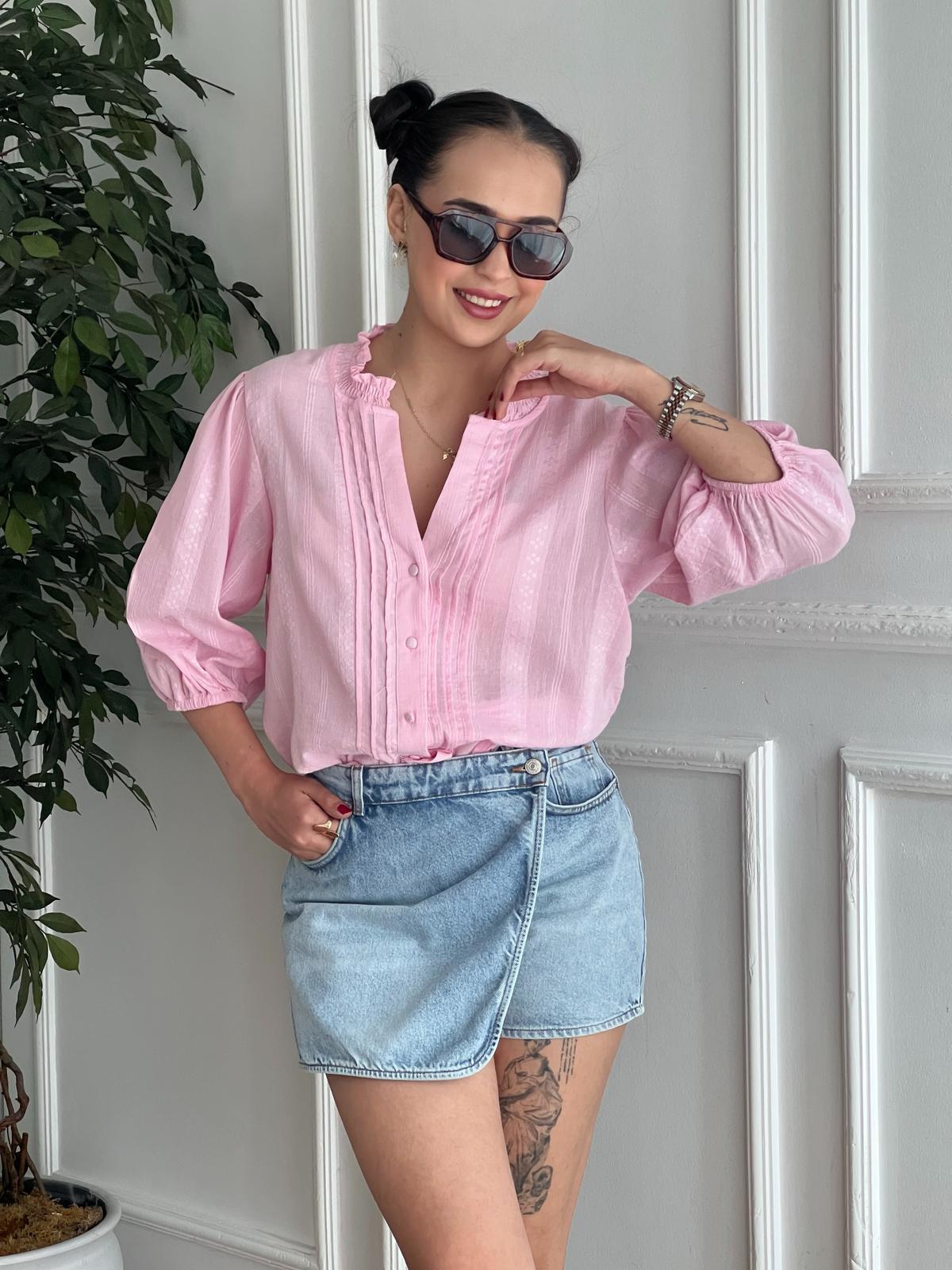 Nervür Detaylı Balon Kol Gömlek 5807 Açık Pembe