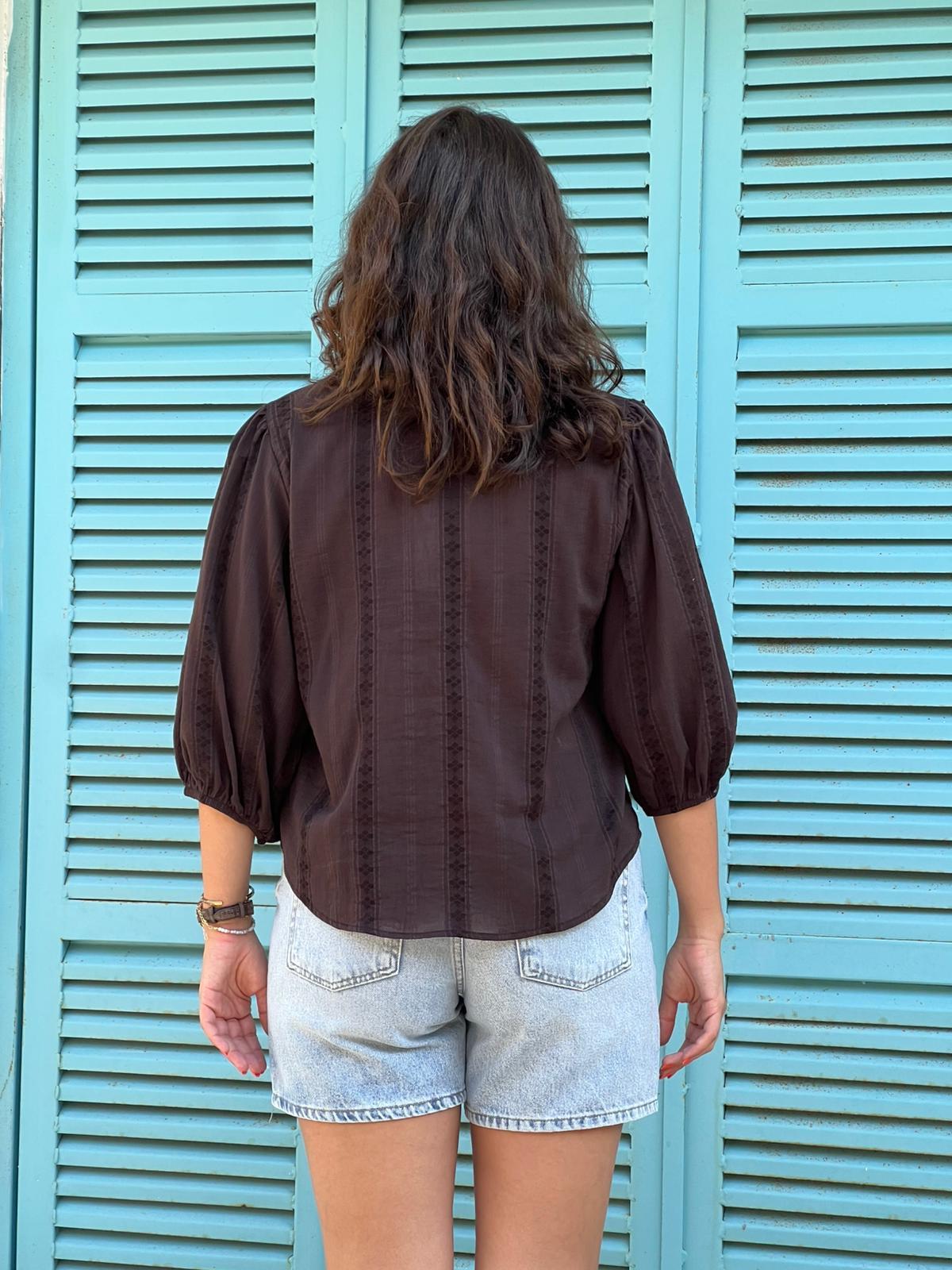 Nervür Detaylı Balon Kol Gömlek 5807 Koyu Kahve