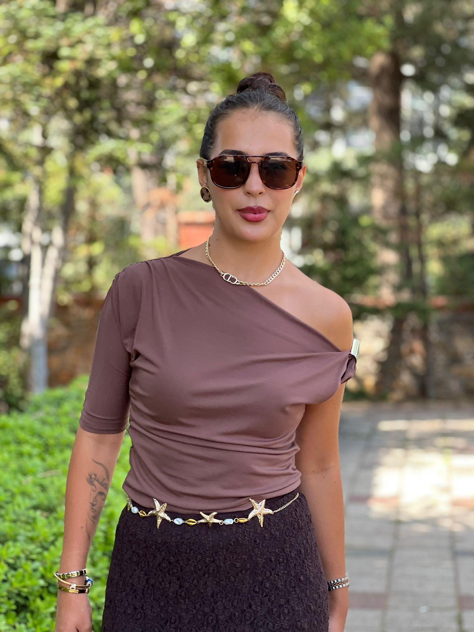 Omuzu Detaylı Bluz 30029 Kahverengi