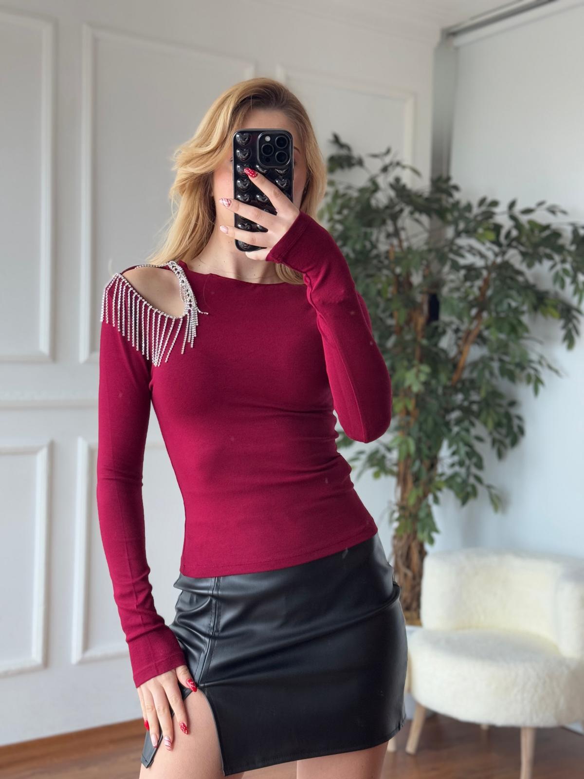 Omuzu Taşlı Bluz 16518 Bordo