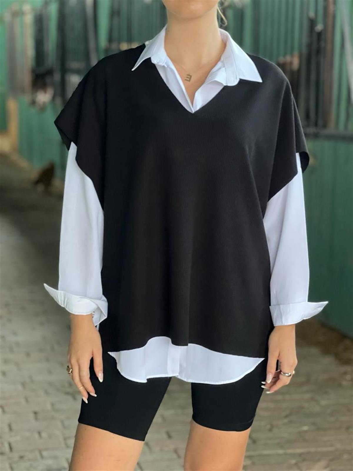 Ön Arka V Yaka Oversize Triko Bluz 28129 Siyah