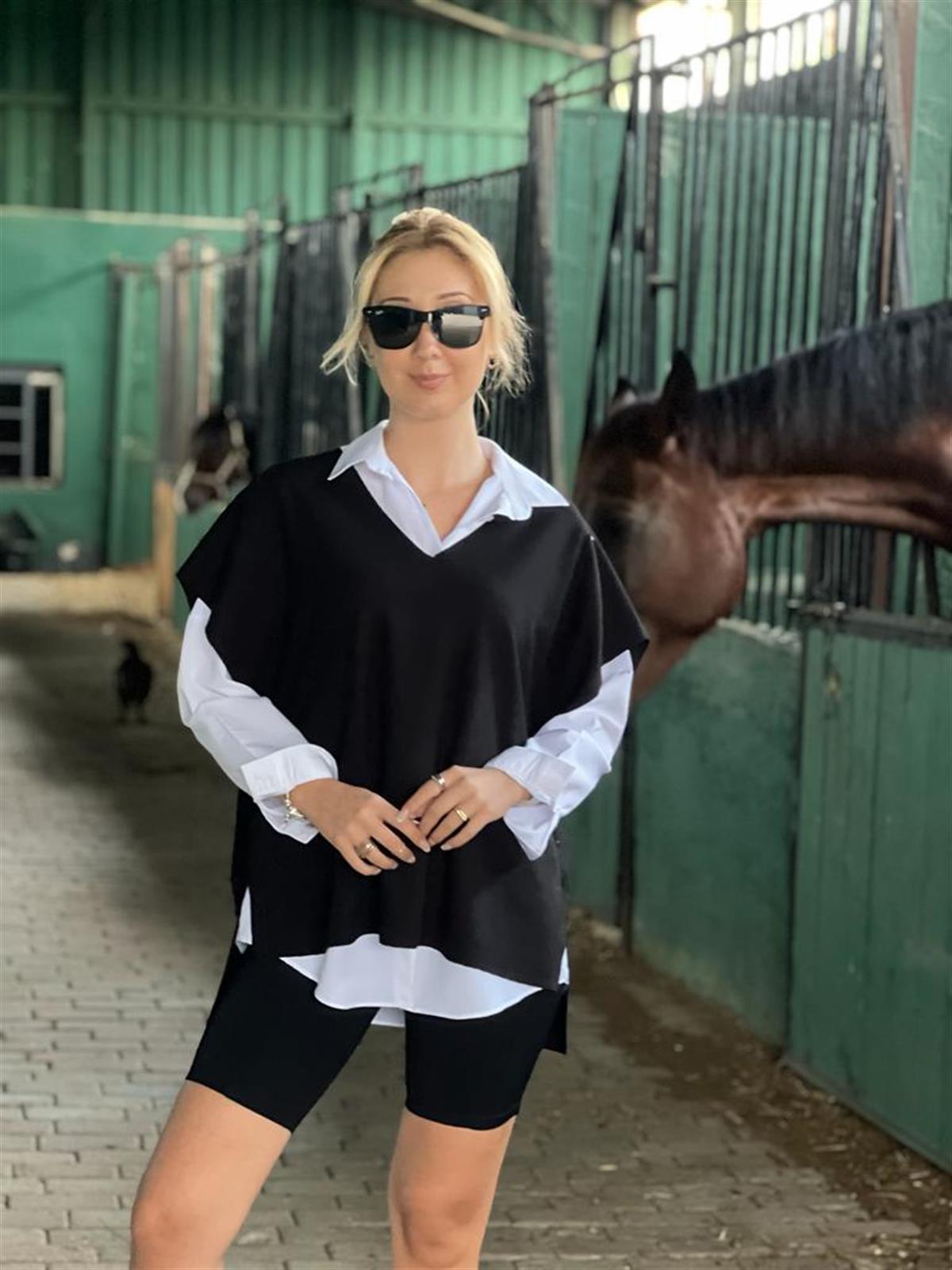 Ön Arka V Yaka Oversize Triko Bluz 28129 Siyah