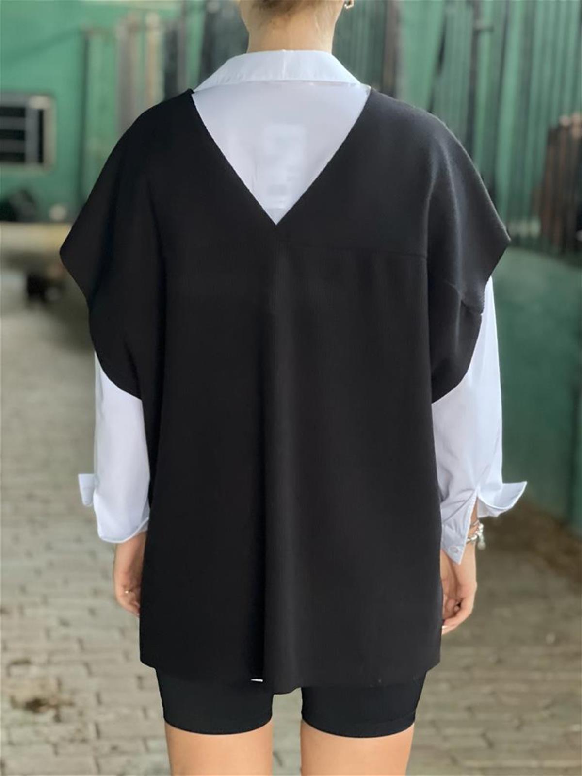 Ön Arka V Yaka Oversize Triko Bluz 28129 Siyah