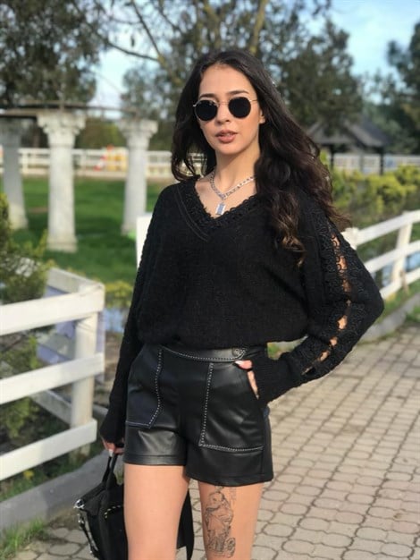 Önden Cepli Deri Şort 25337 Siyah
