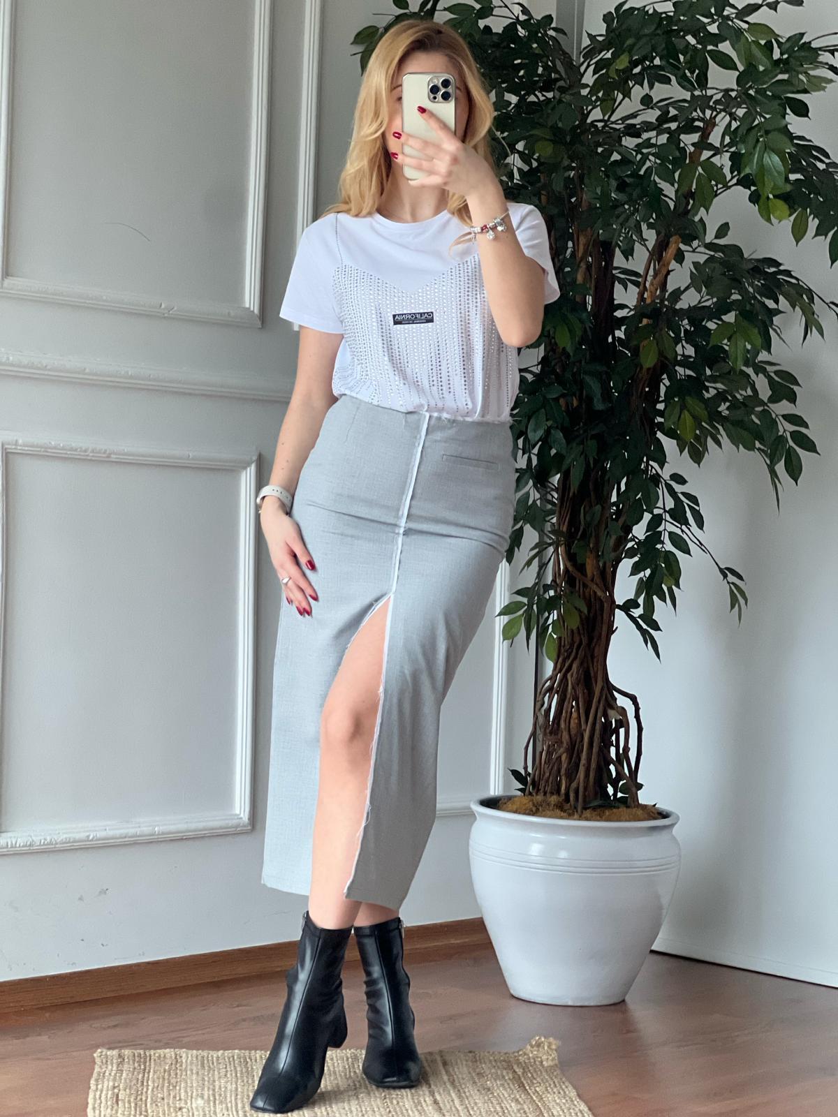 Önden Yırtmaçlı Etek 41611 Açık Gri