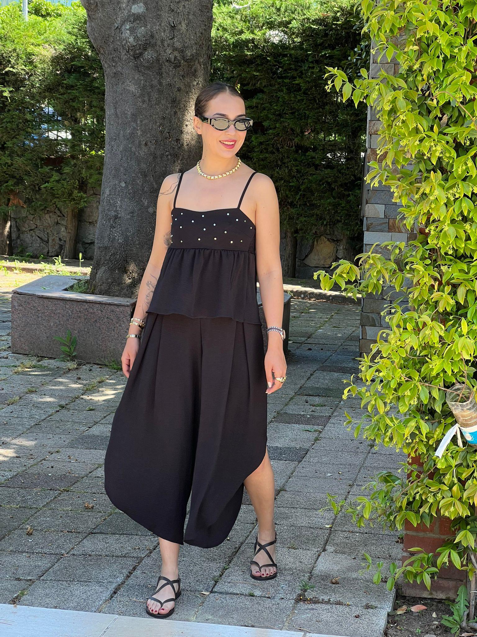 Önleri Çakımlı Bluz Pantolon Takım 18319-18318 Siyah