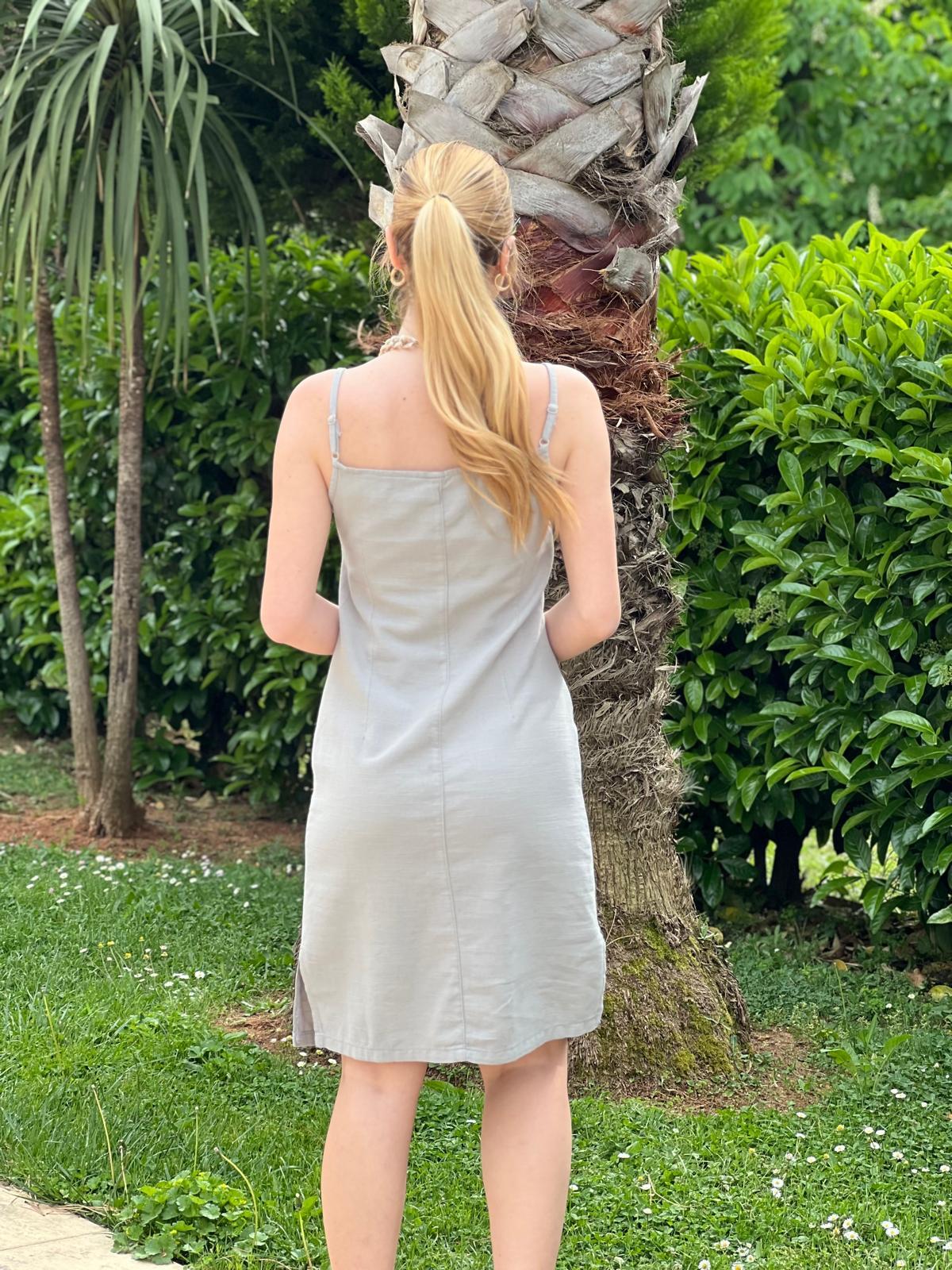 Önü Bağcıklı Keten Elbise 4212 Gri