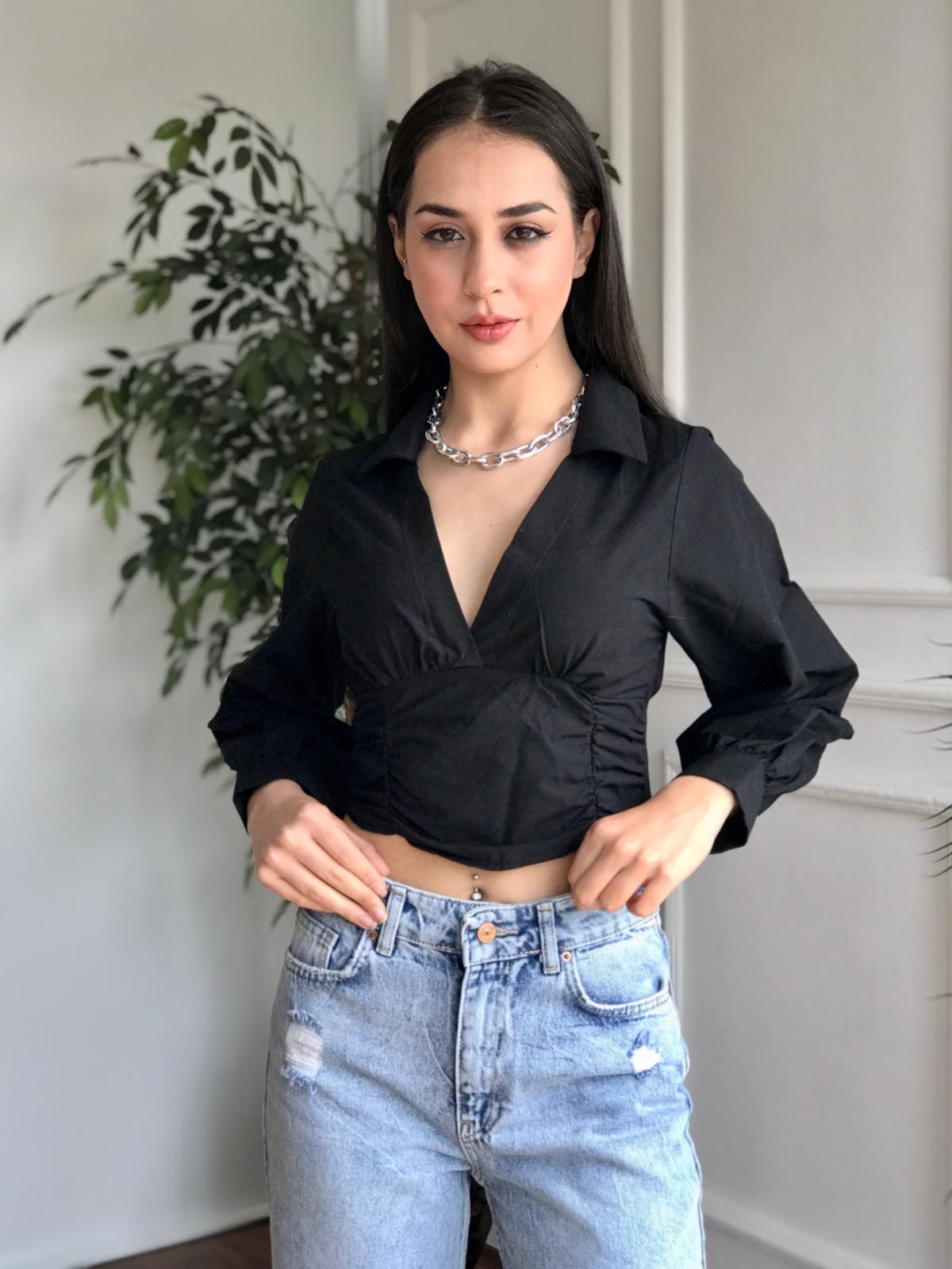 Önü Büzgülü Poplin Gömlek 6513 Siyah
