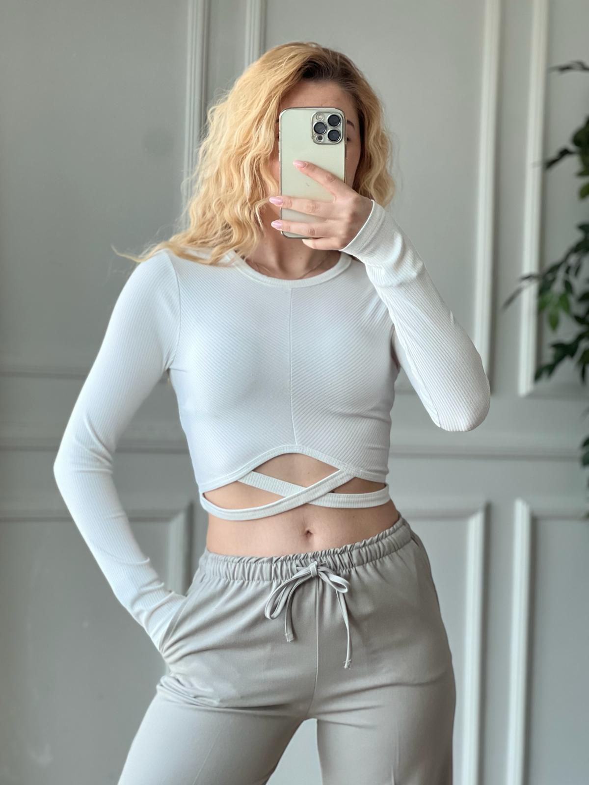 Önü Çapraz Biyeli Bluz 4663 Beyaz