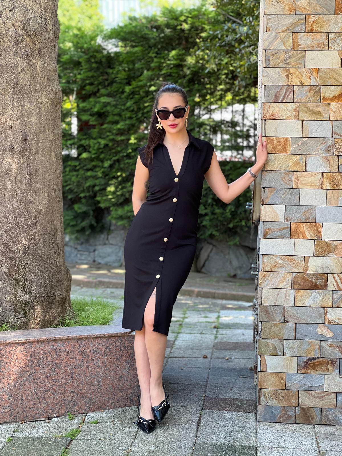 Önü Düğmeli Elbise 16792 Siyah