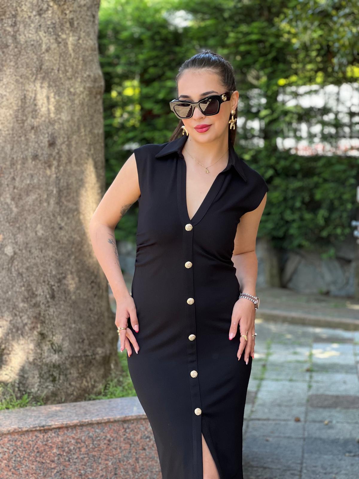 Önü Düğmeli Elbise 16792 Siyah