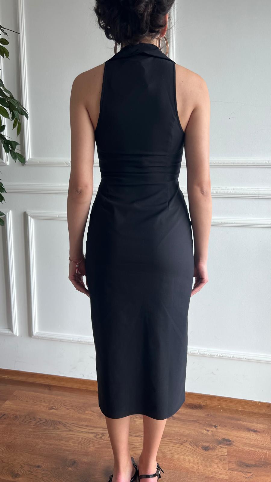 Önü Fermuar Detaylı Elbise 00108 Siyah