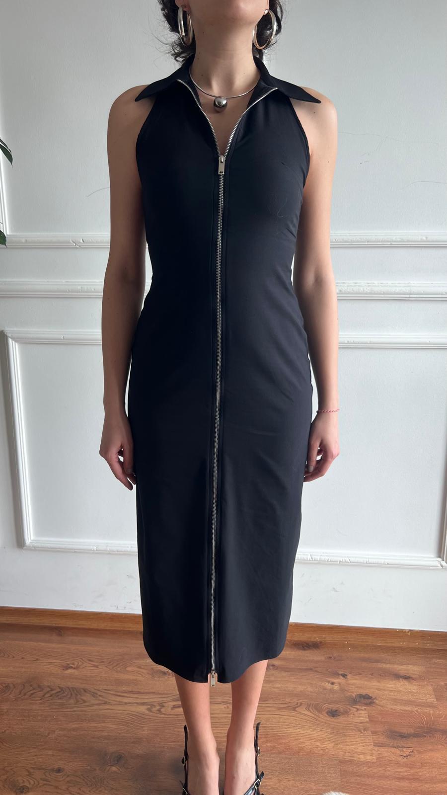 Önü Fermuar Detaylı Elbise 00108 Siyah