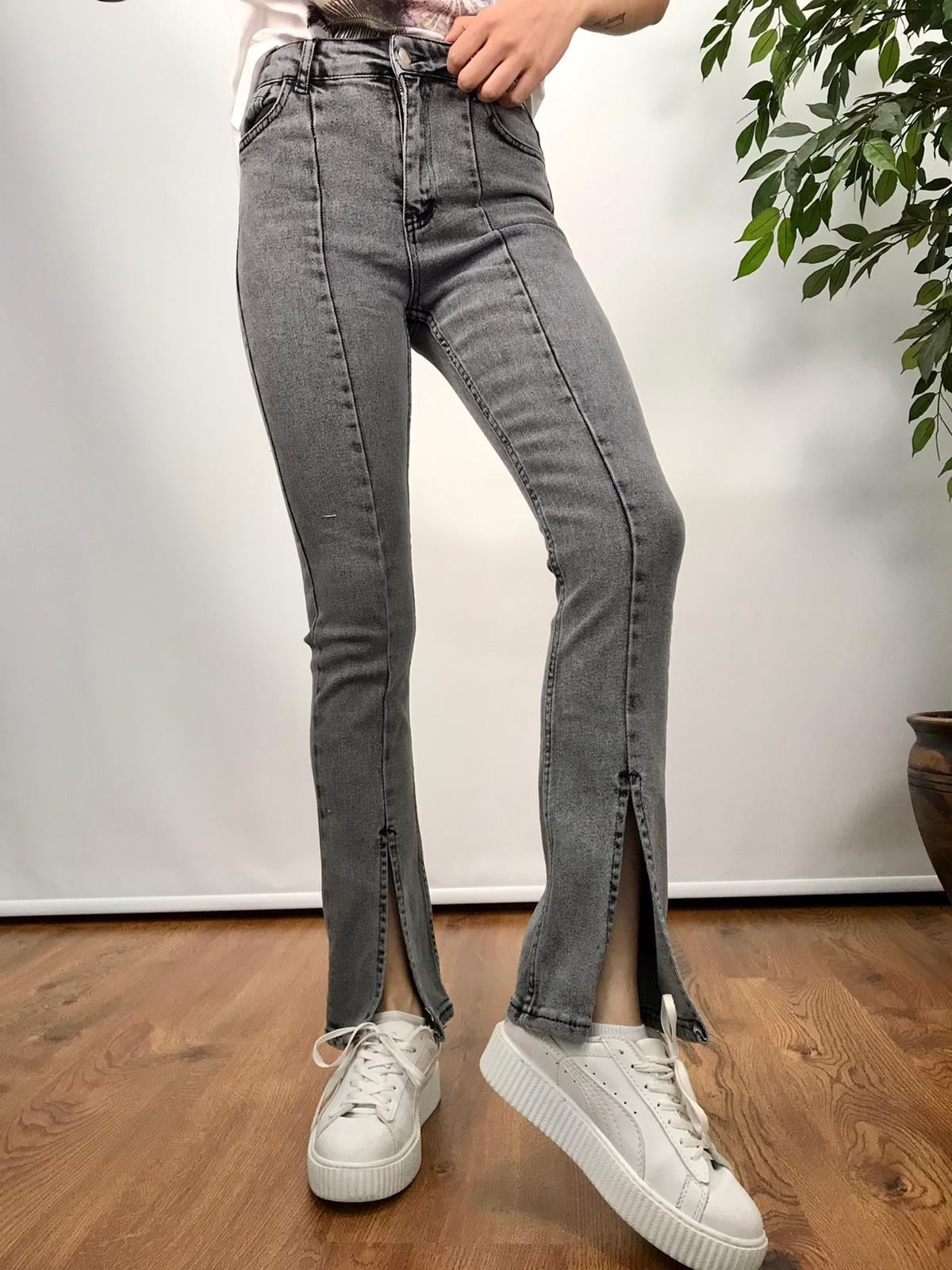 Önü Yırtmaçlı İspanyol Paça Pantolon 3678 Gri