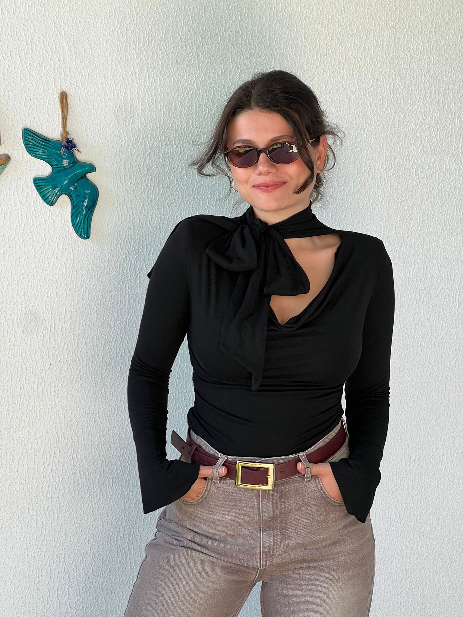 Örme Atkılı Vatkalı Degaje Yaka Bluz 2618209 Siyah