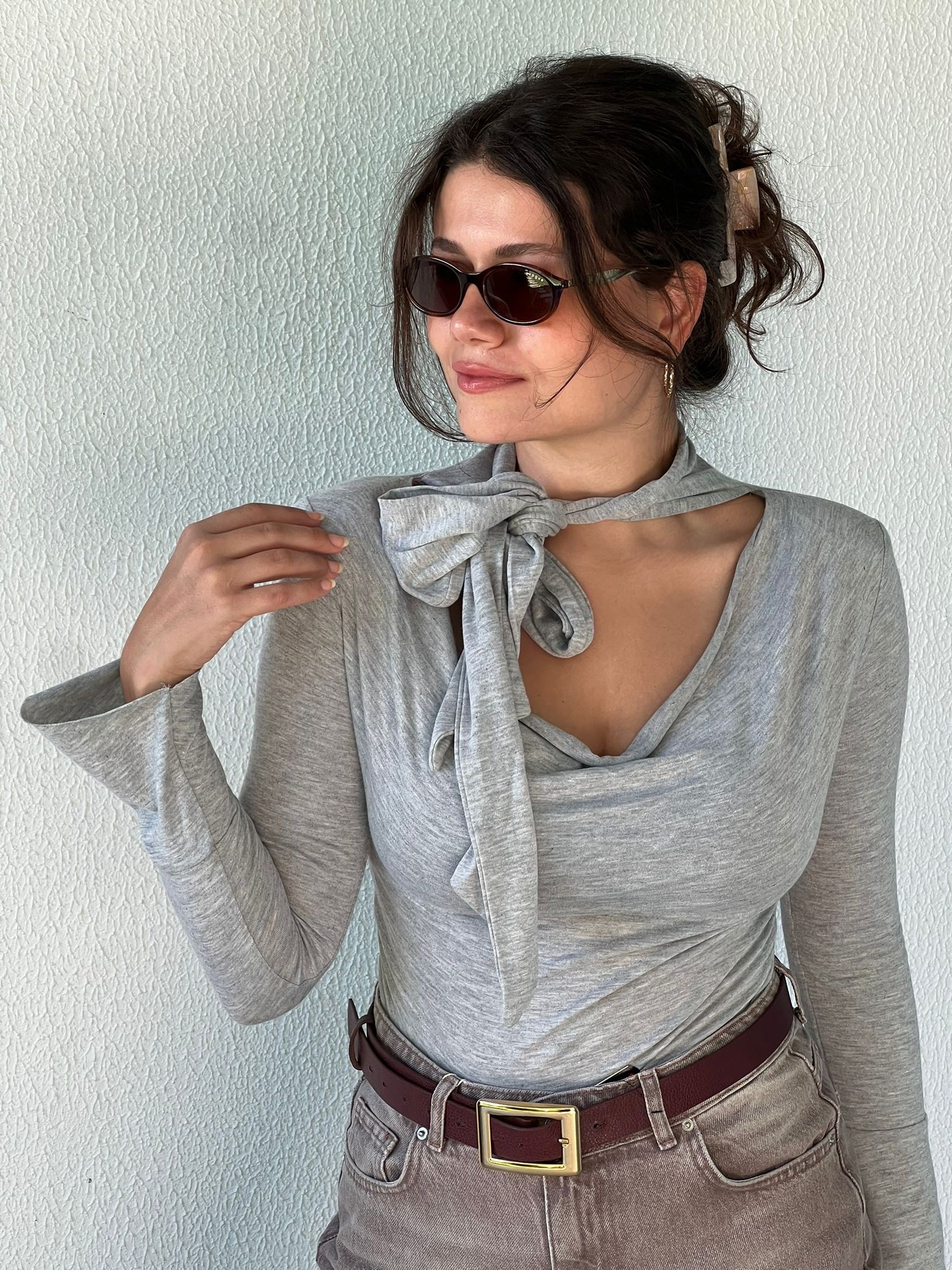 Örme Atkılı Vatkalı Degaje Yaka Bluz 2618209 Gri