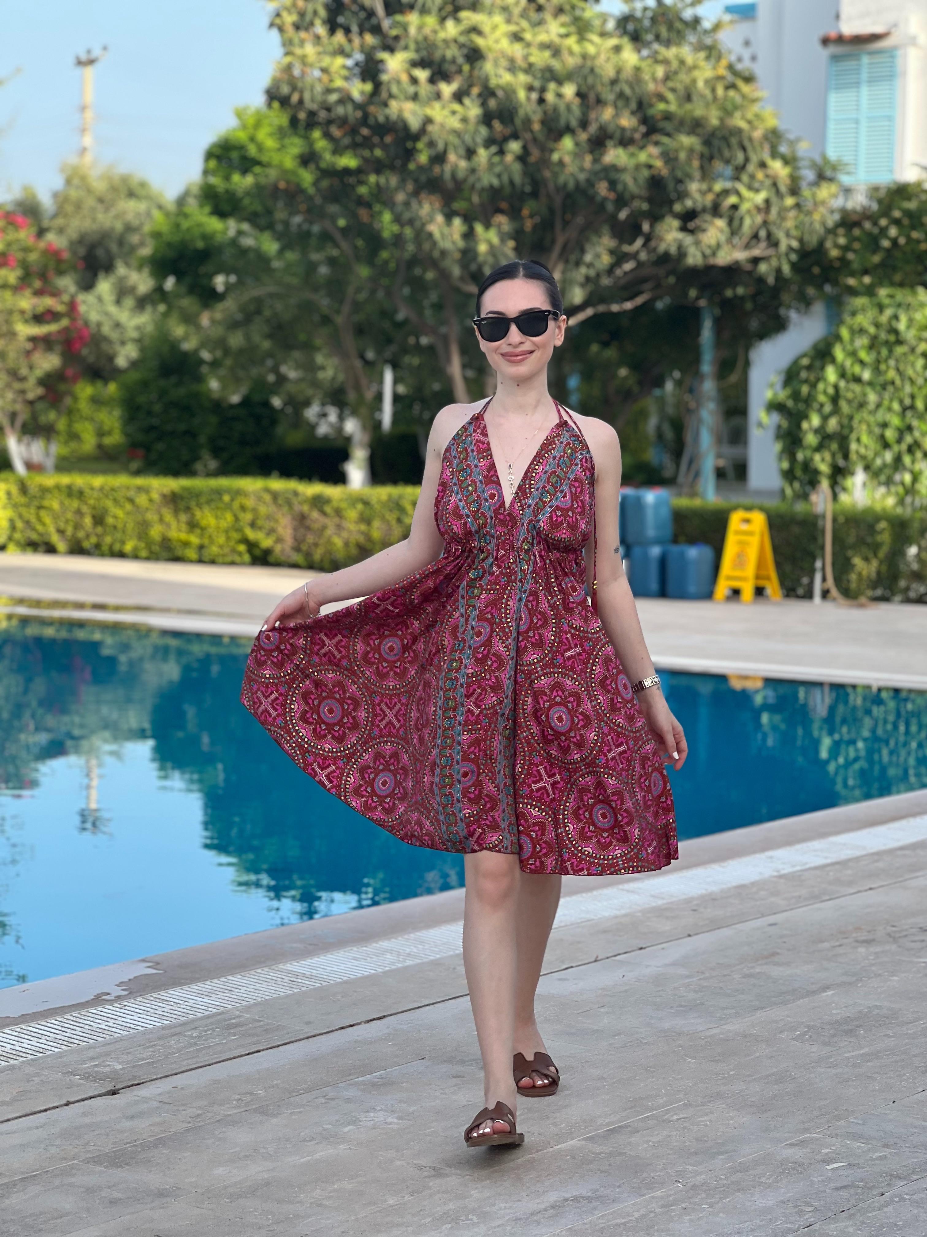 Otantik Desen Askılı Elbise 37397 Bordo