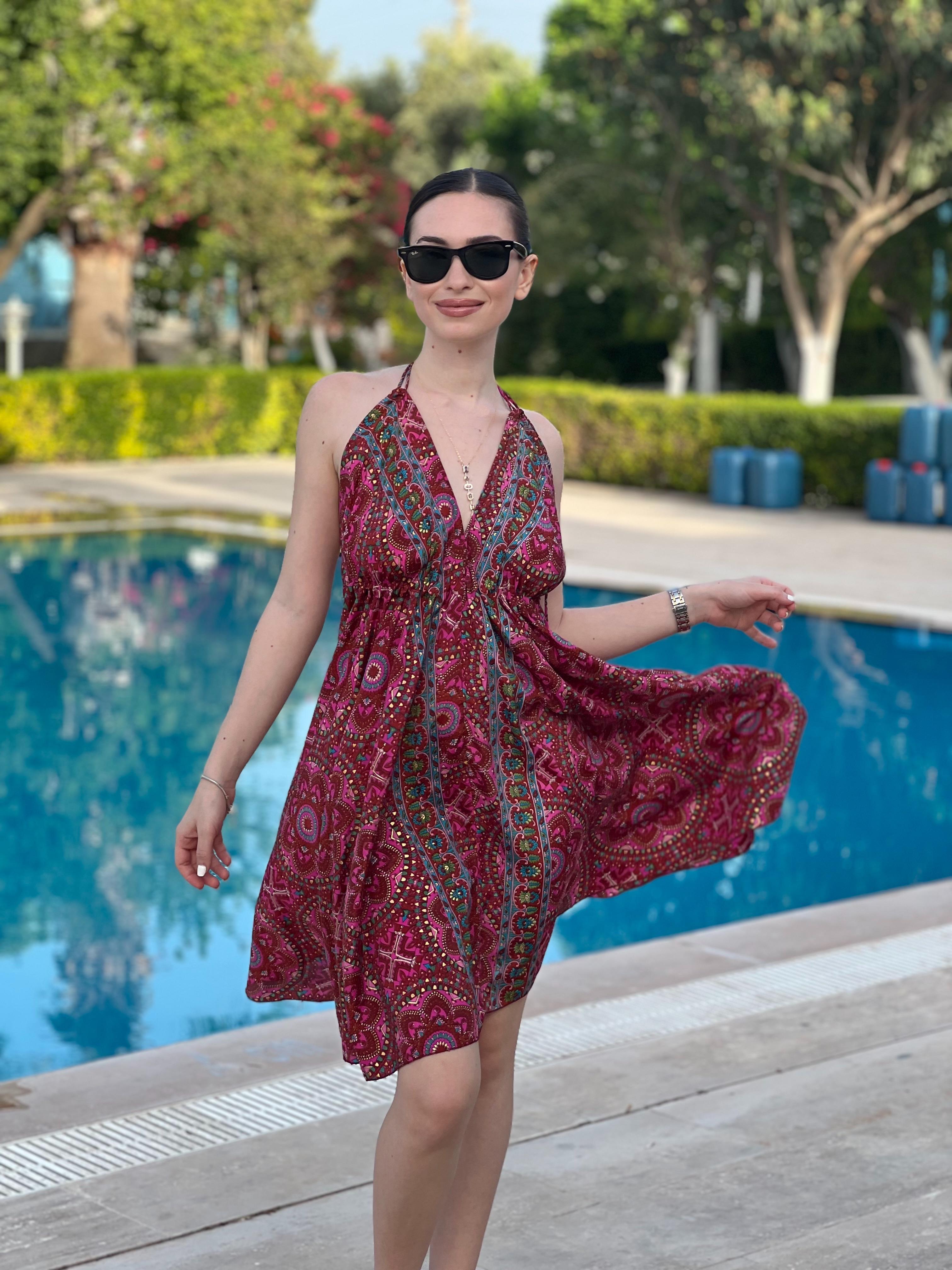 Otantik Desen Askılı Elbise 37397 Bordo