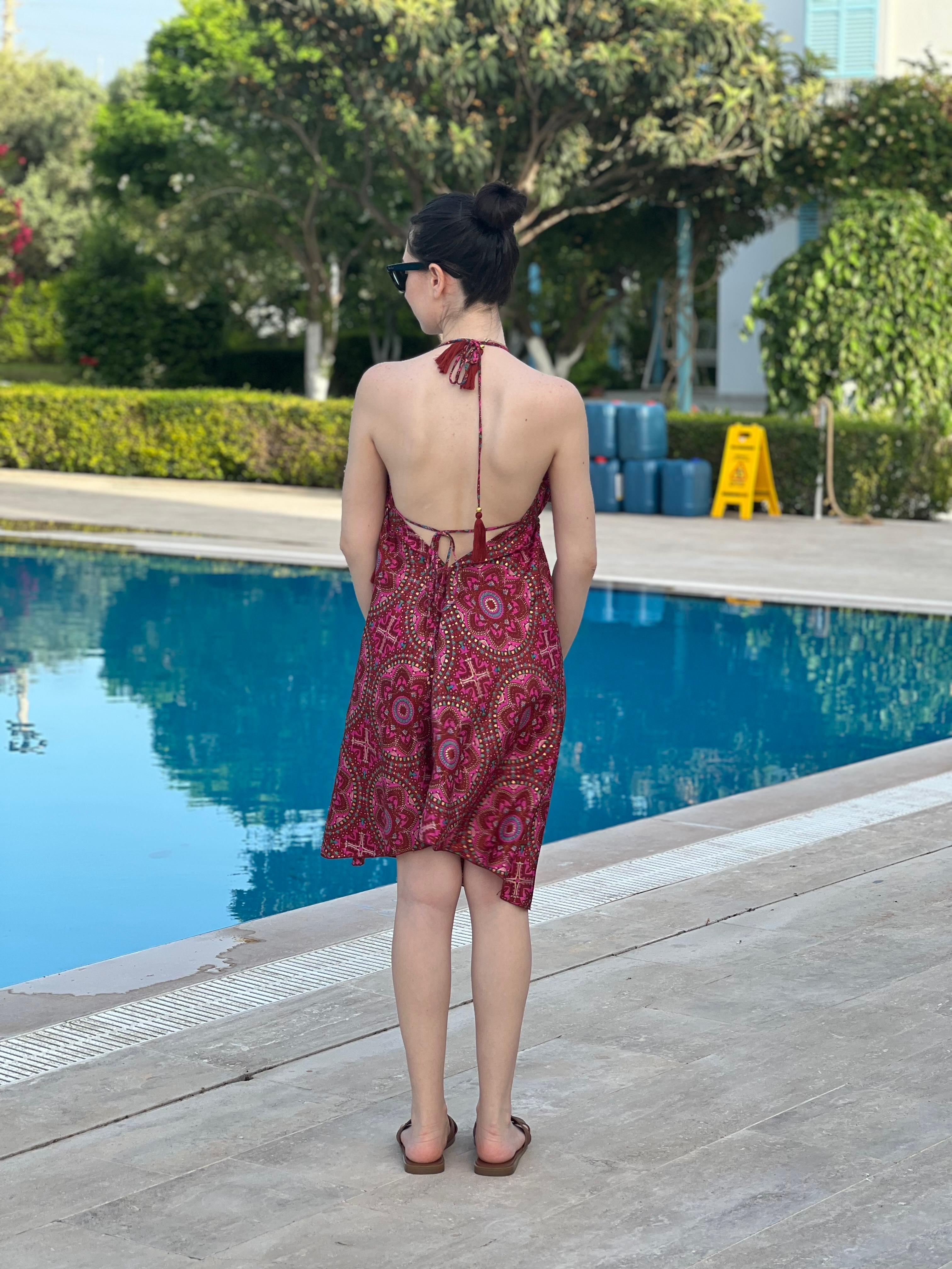 Otantik Desen Askılı Elbise 37397 Bordo