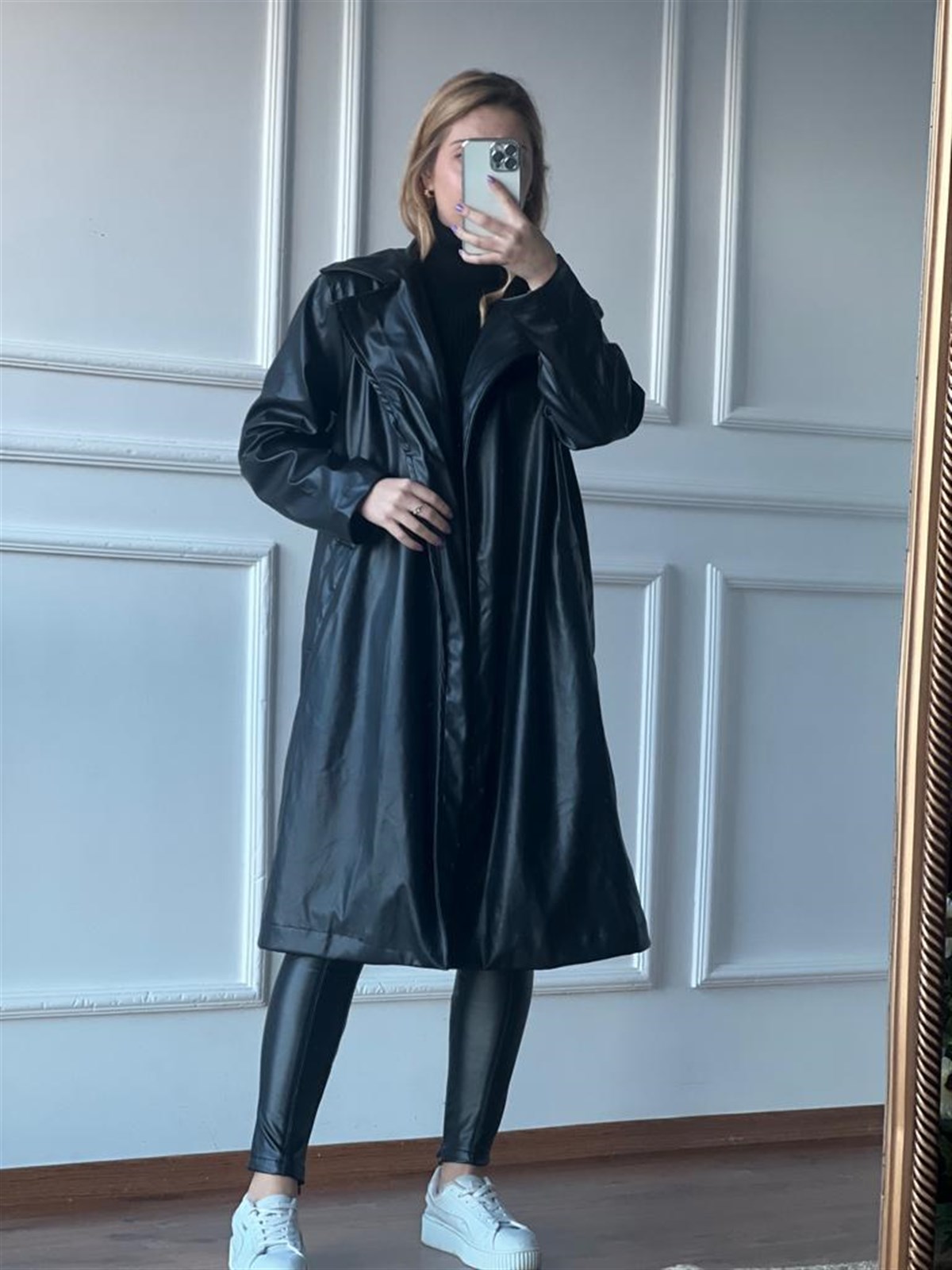 Oversize Deri Trenç 6635 Siyah