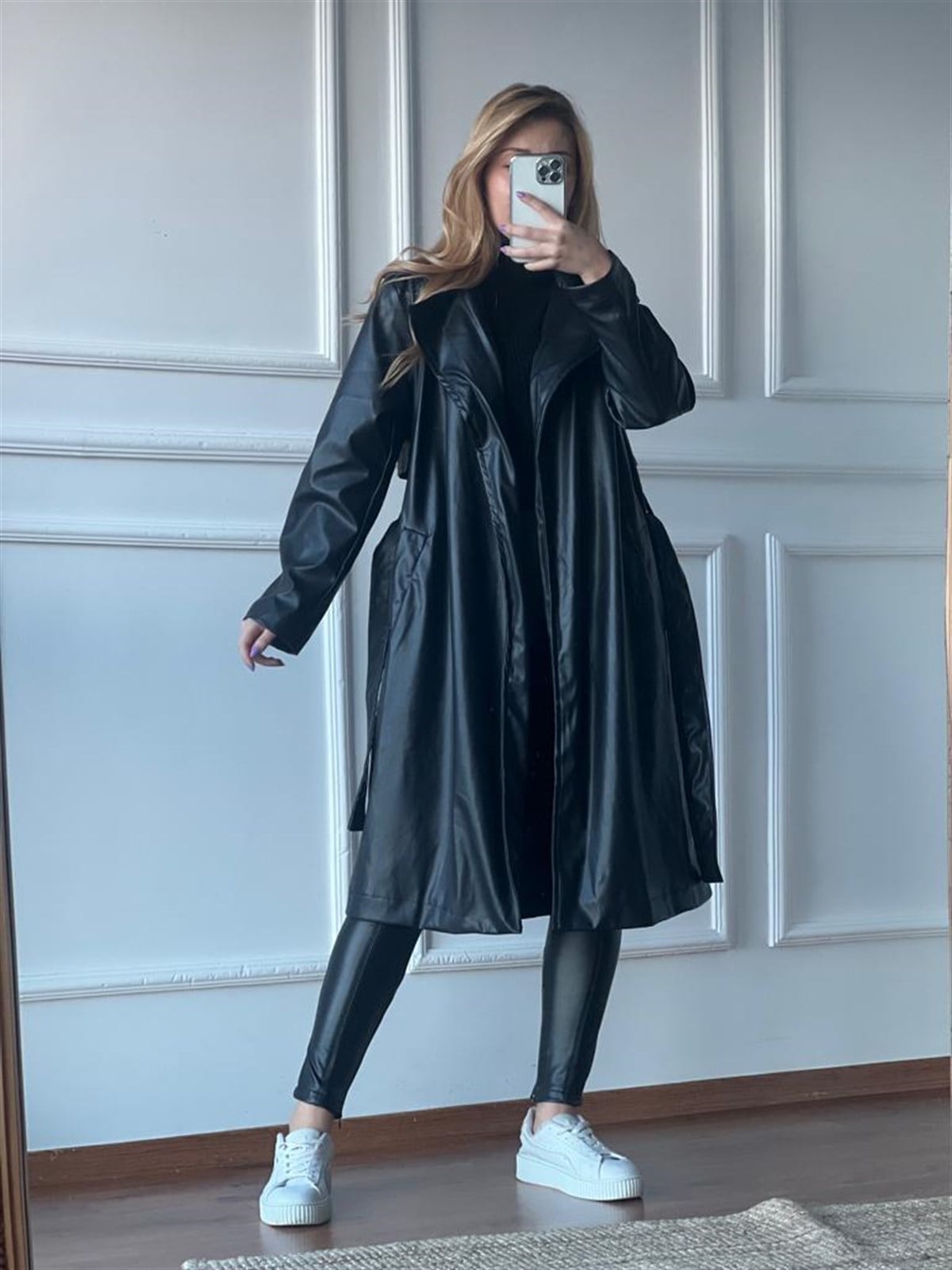 Oversize Deri Trenç 6635 Siyah
