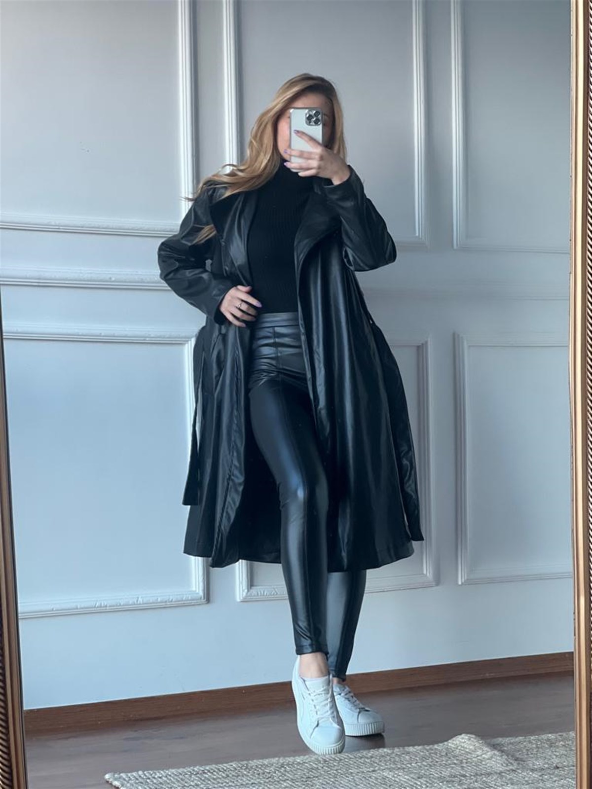 Oversize Deri Trenç 6635 Siyah