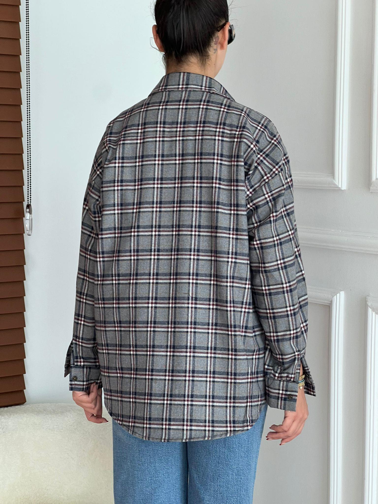 Oversize Ekoseli Gömlek 8127 Gri