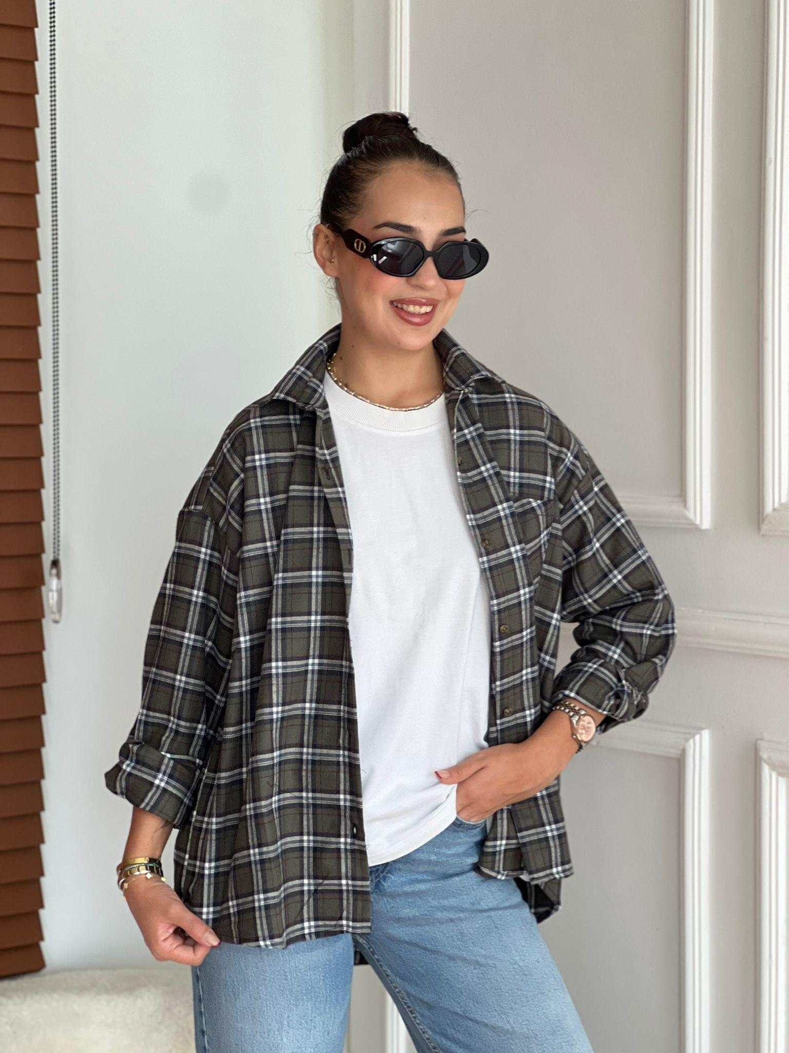 Oversize Ekoseli Gömlek 8127 Haki