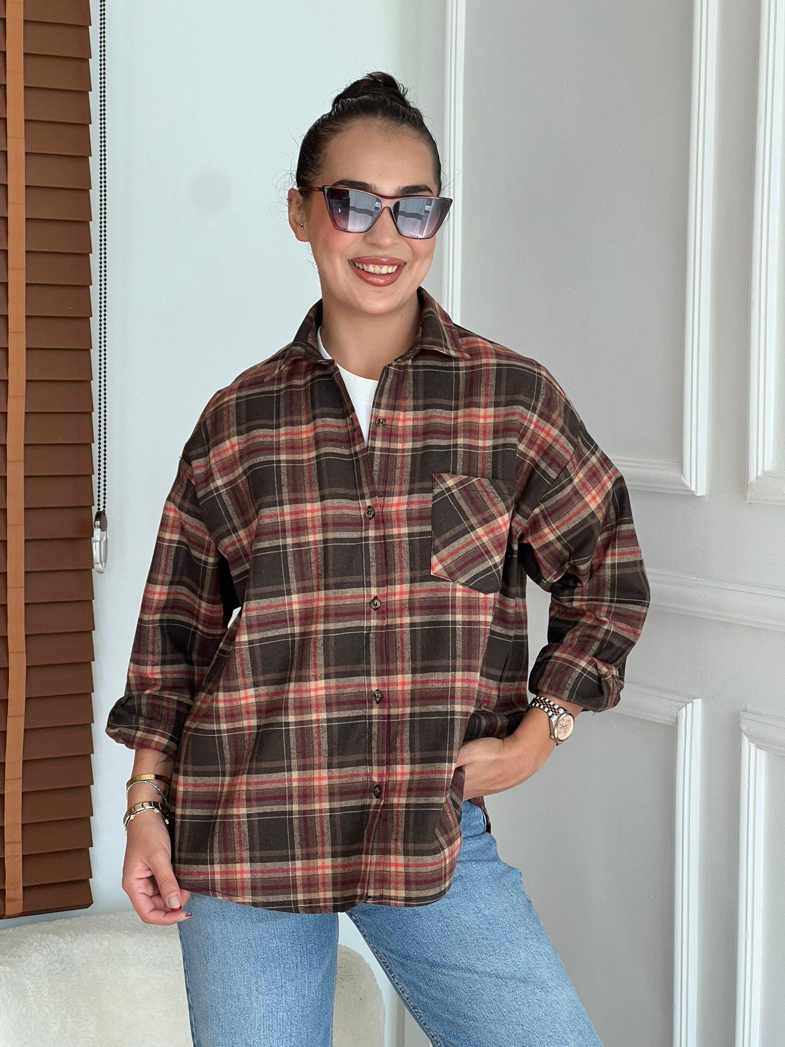Oversize Ekoseli Gömlek 8127 Kahverengi