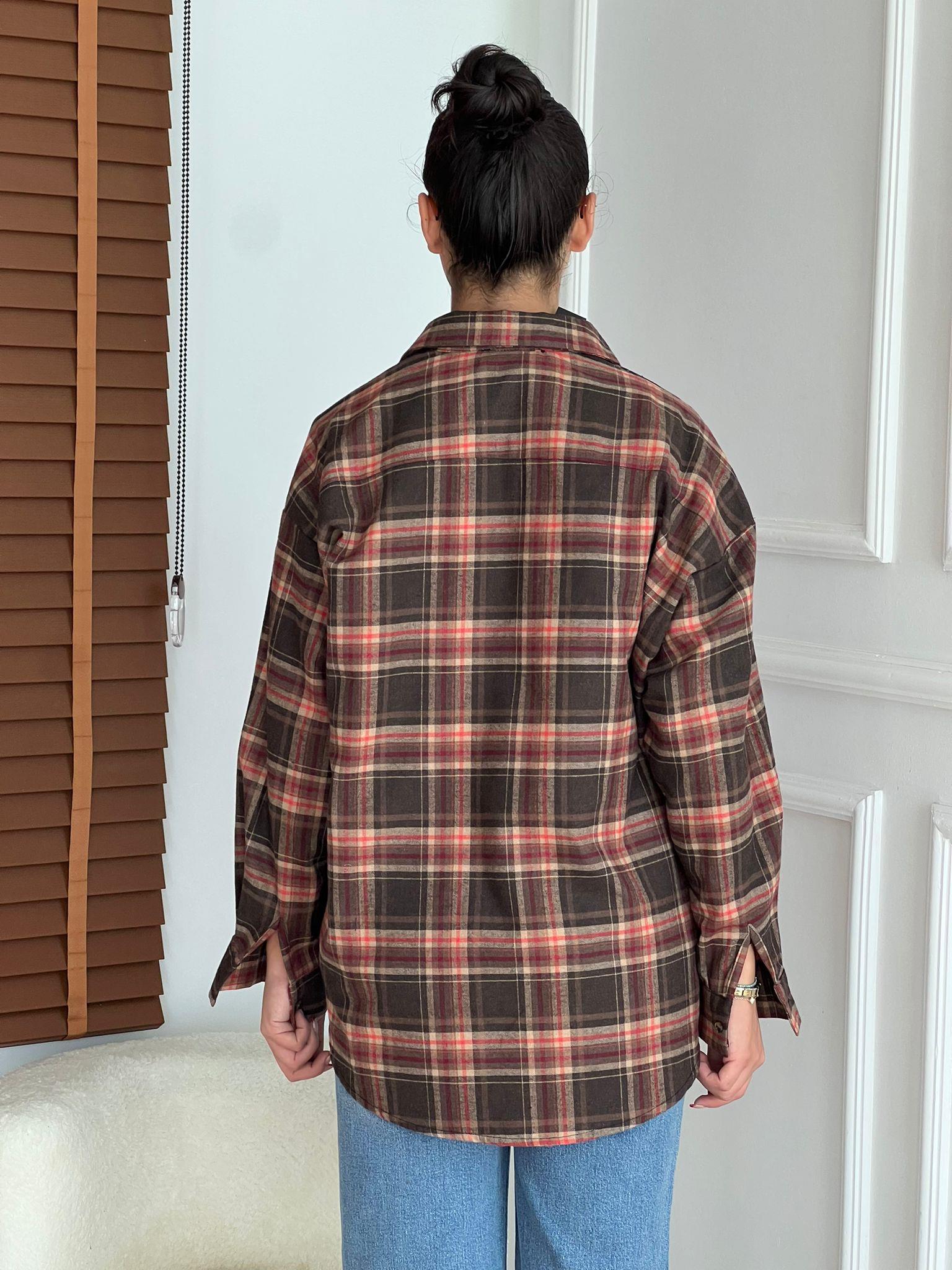 Oversize Ekoseli Gömlek 8127 Kahverengi