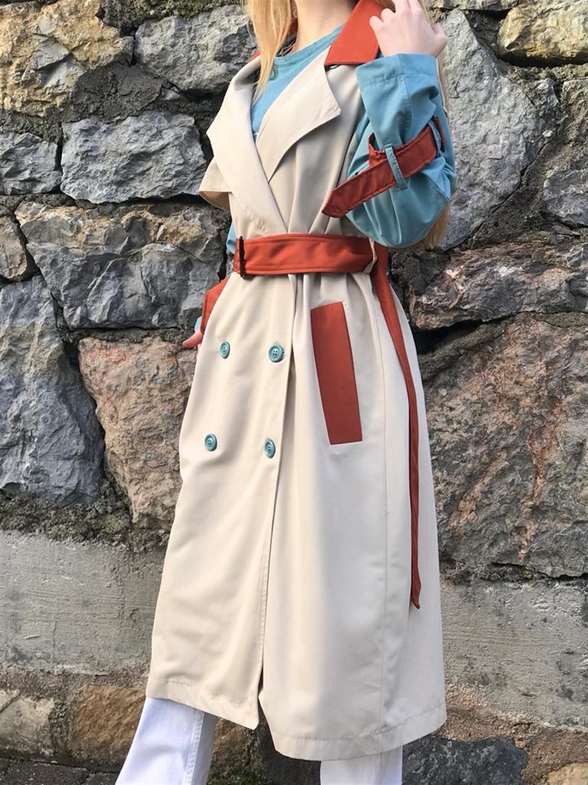 Oversize Renkli Trençkot 6426 Bej