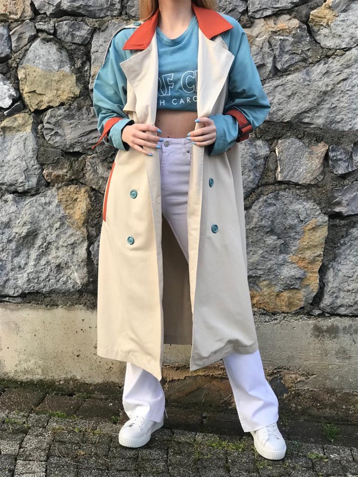 Oversize Renkli Trençkot 6426 Bej