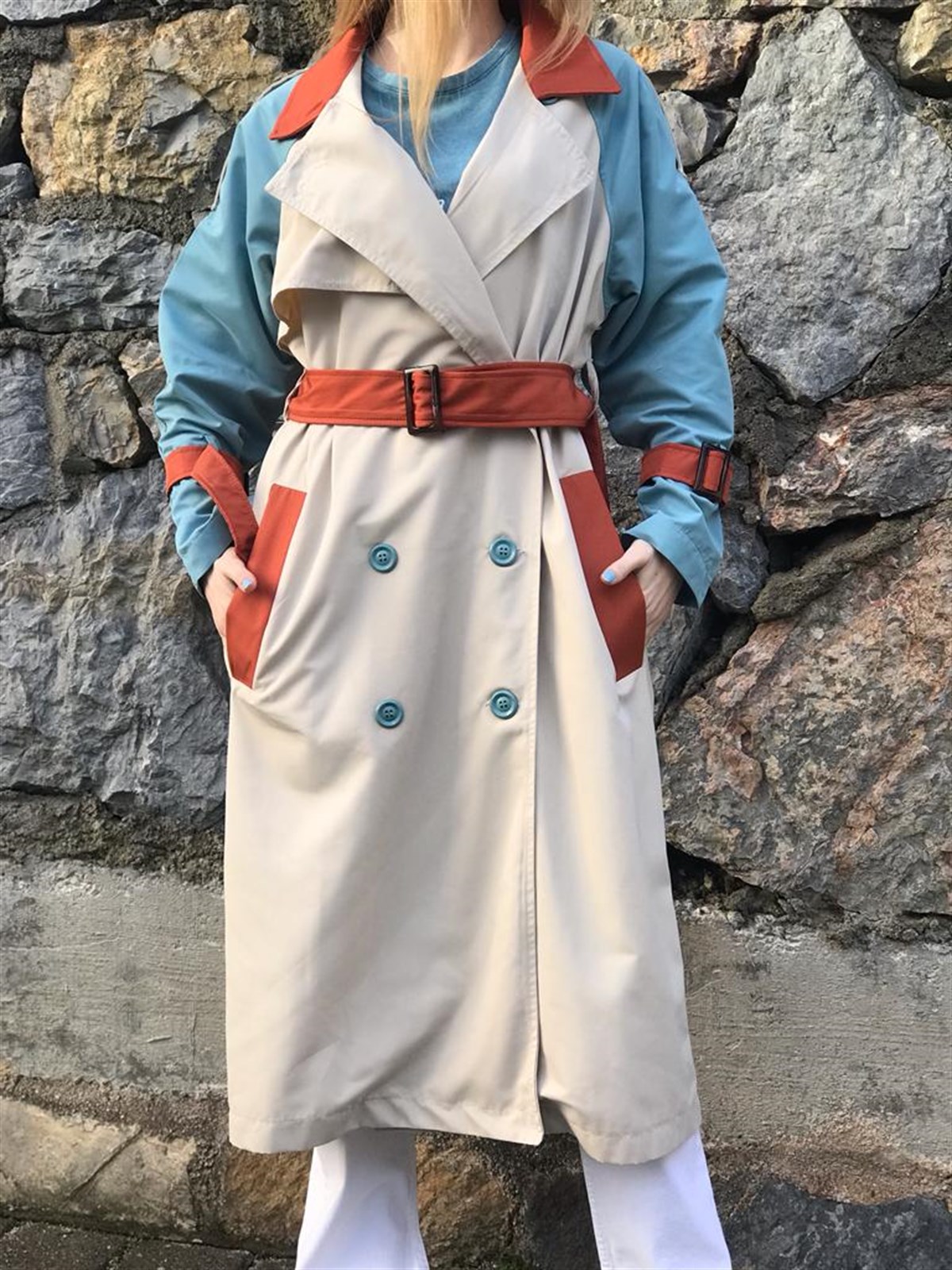Oversize Renkli Trençkot 6426 Bej