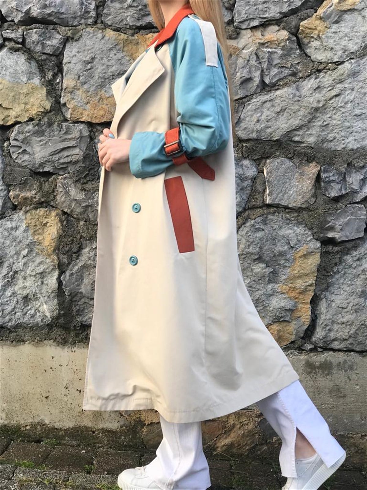 Oversize Renkli Trençkot 6426 Bej