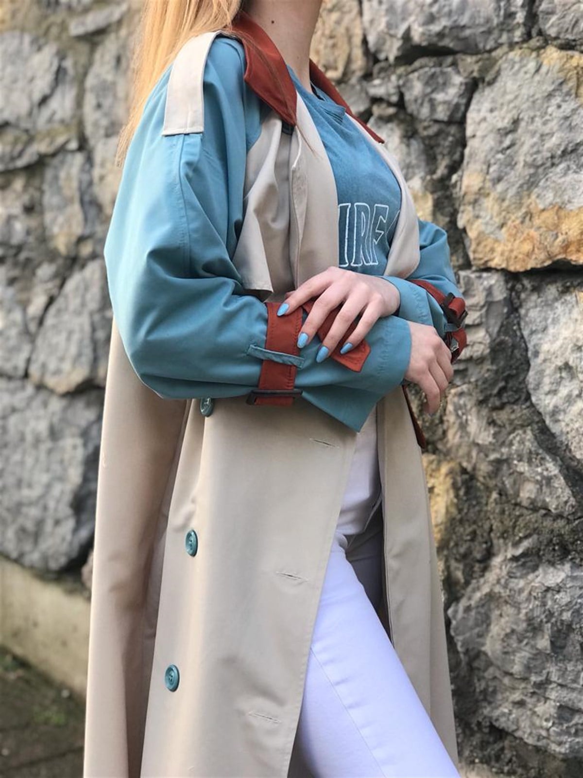 Oversize Renkli Trençkot 6426 Bej